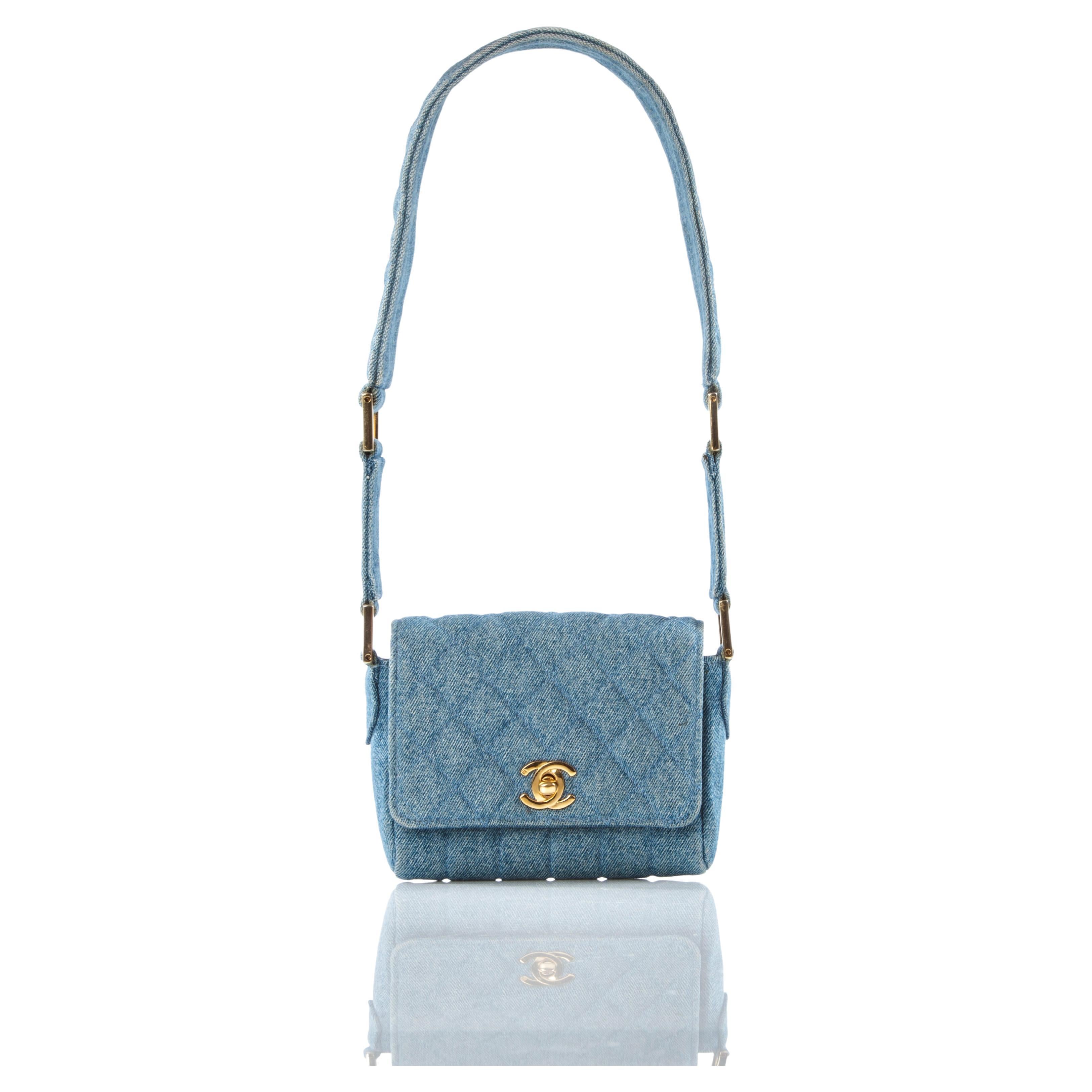 Gray Chanel Micro Mini Blue Jean Denim Classic Flap Runway Bag For Sale