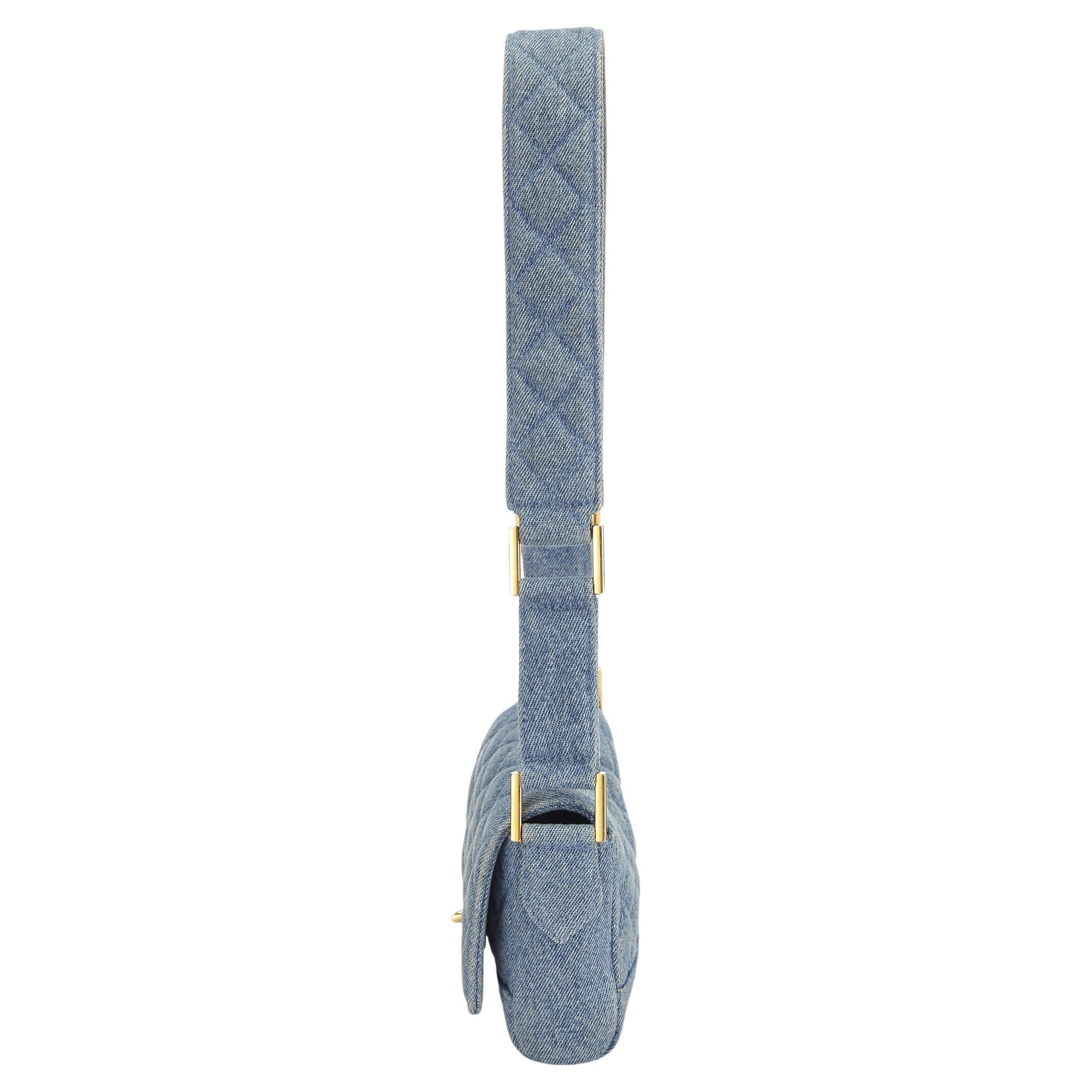 Women's or Men's Chanel Micro Mini Blue Jean Denim Classic Flap Runway Bag For Sale