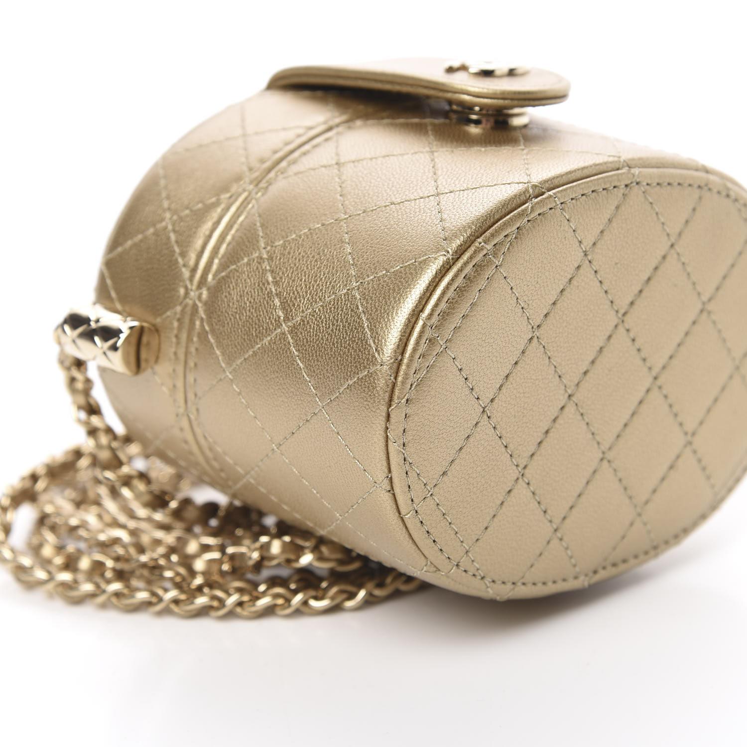Chanel Micro Mini Gold Quilted Lambskin Leather Jewelry Box Crossbody Bag In Excellent Condition For Sale In Miami, FL