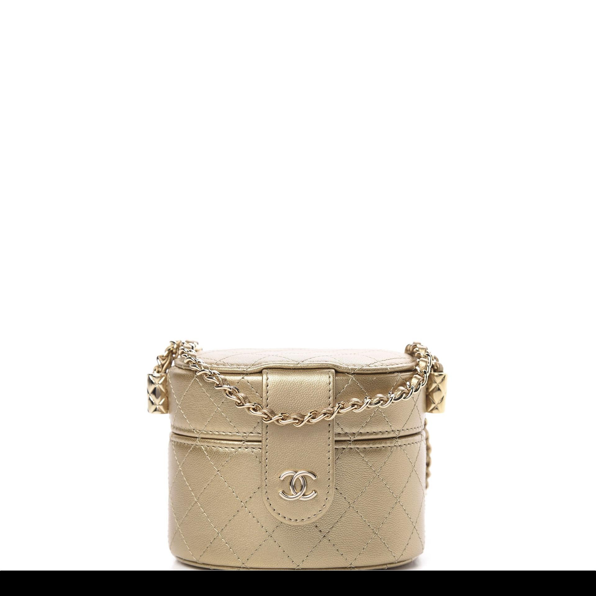 Chanel Micro Mini Gold gesteppte Lammfell-Leder-Schmuckkästchen-Umhängetasche im Angebot 6