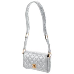 Chanel Micro Mini Silver Metallic Lambskin Leather Classic Flap Quilted Bag