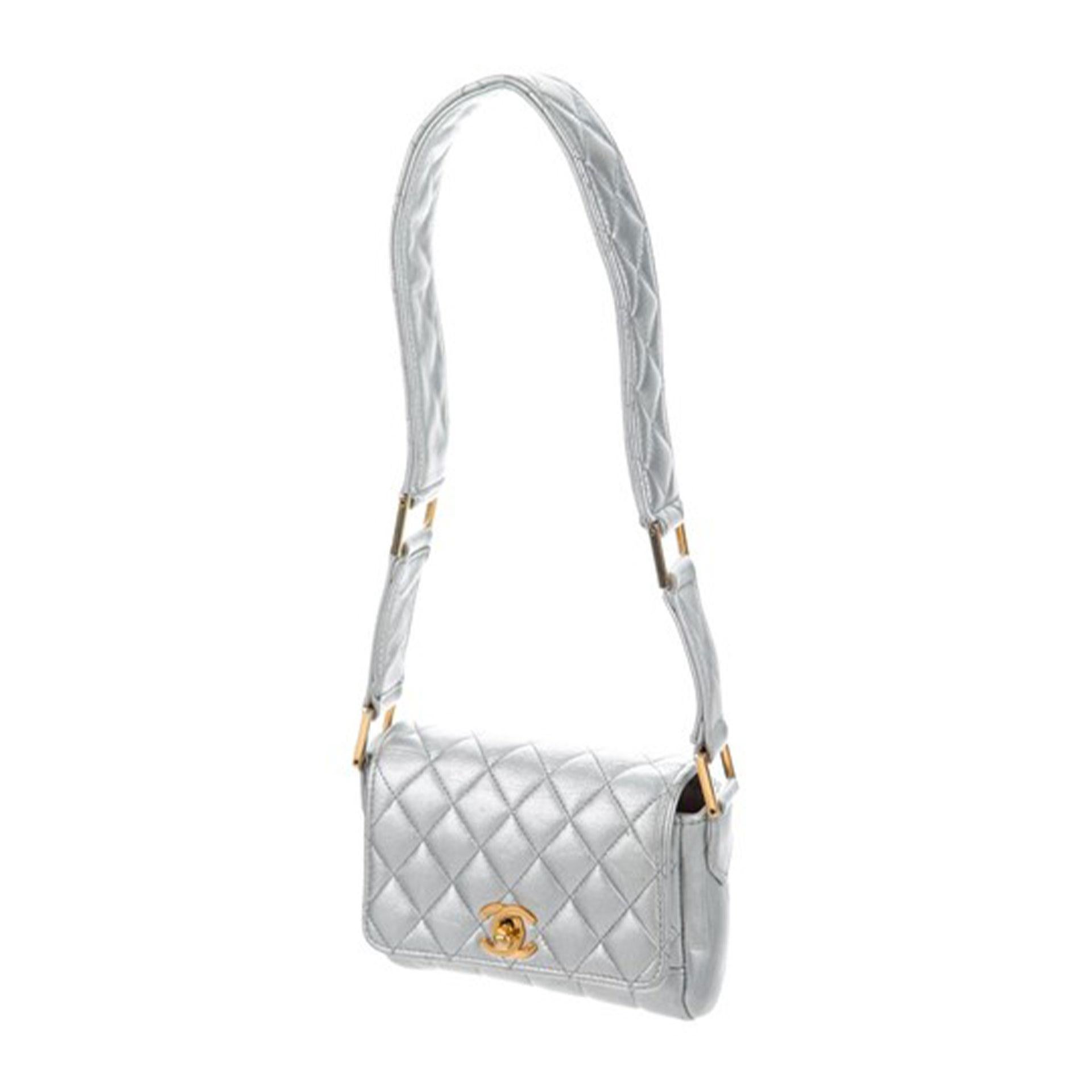 Chanel Micro Mini Silver Metallic Lambskin Leather Classic Flap Quilted Bag For Sale 1