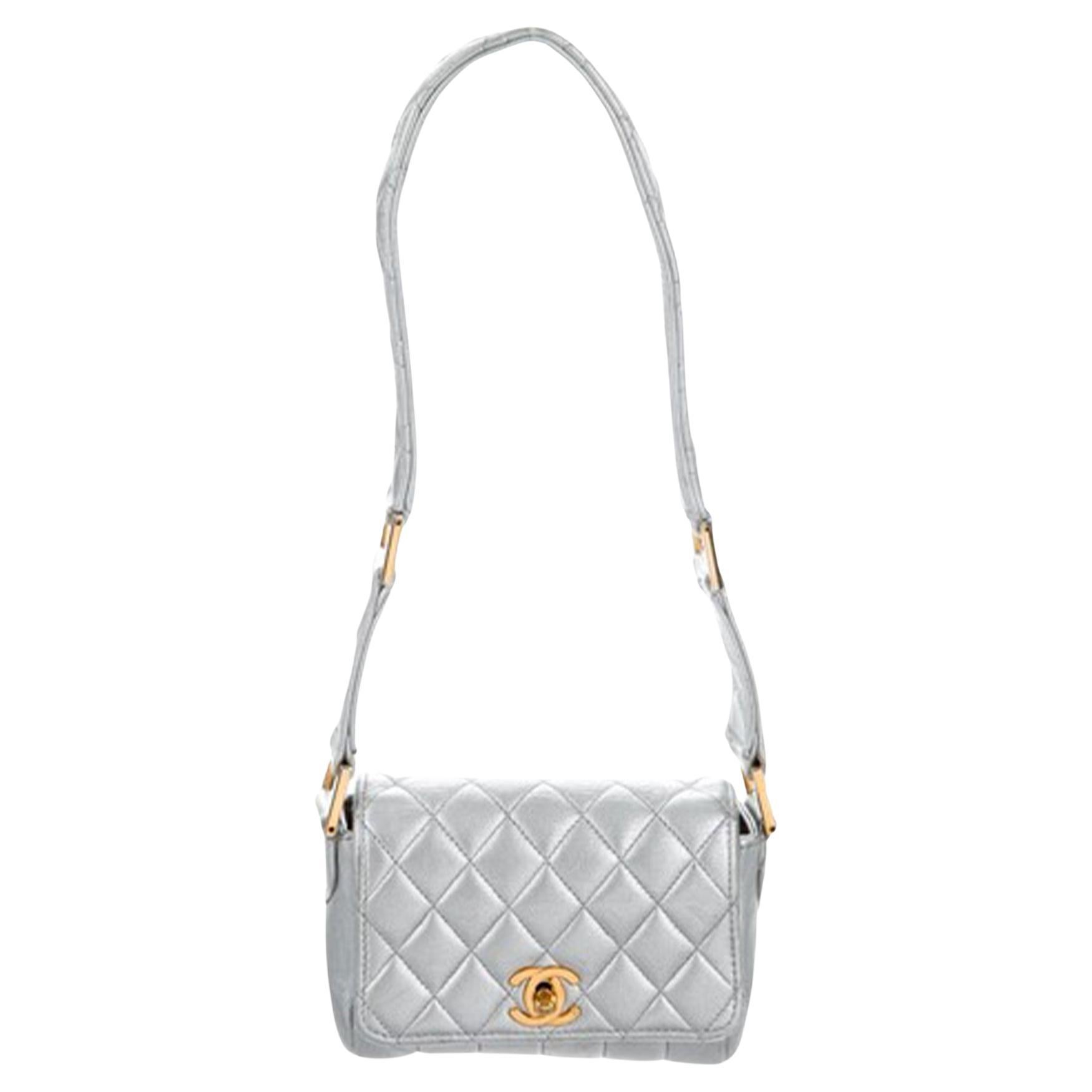 Chanel Micro Mini Silver Metallic Lambskin Leather Classic Flap Quilted Bag
