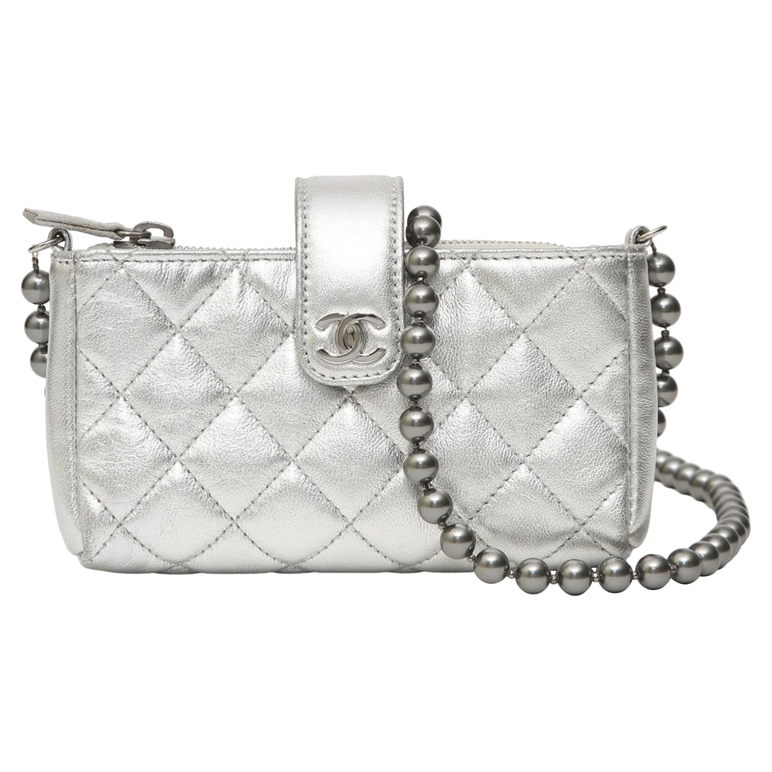 Chanel micro  silver calf leather shoulder bag
