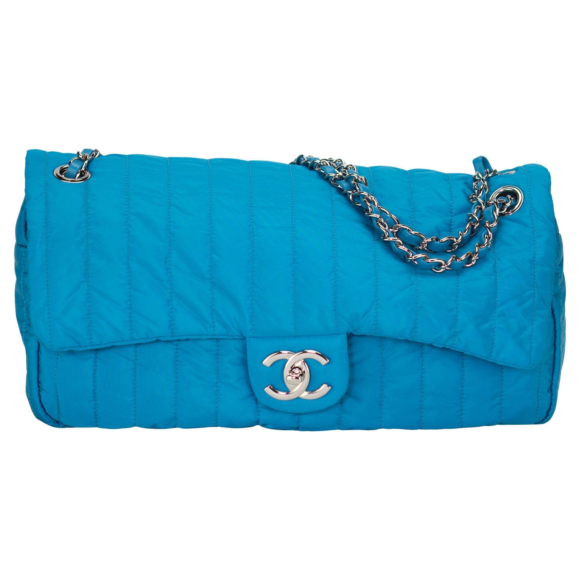 Chanel Microfiber Acqua Blue Quilted Nylon Shoulder Bag In Good Condition For Sale In Miami, FL