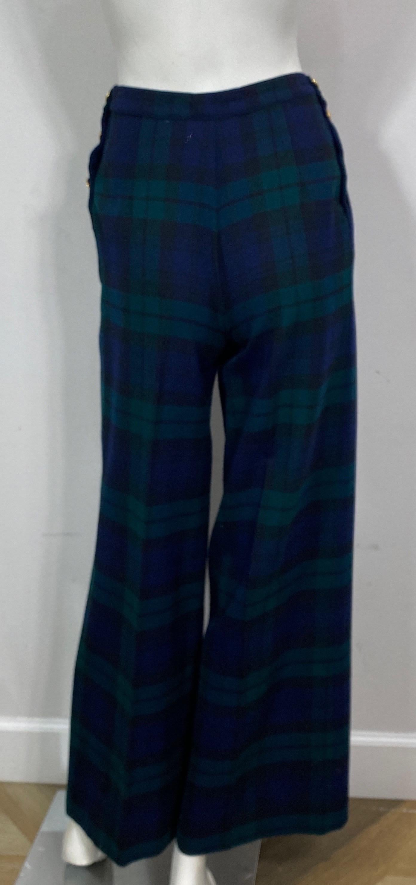 Chanel Mid 1980’s Navy and Green Plaid Double Pleated Wool Pants-Size 36 For Sale 7