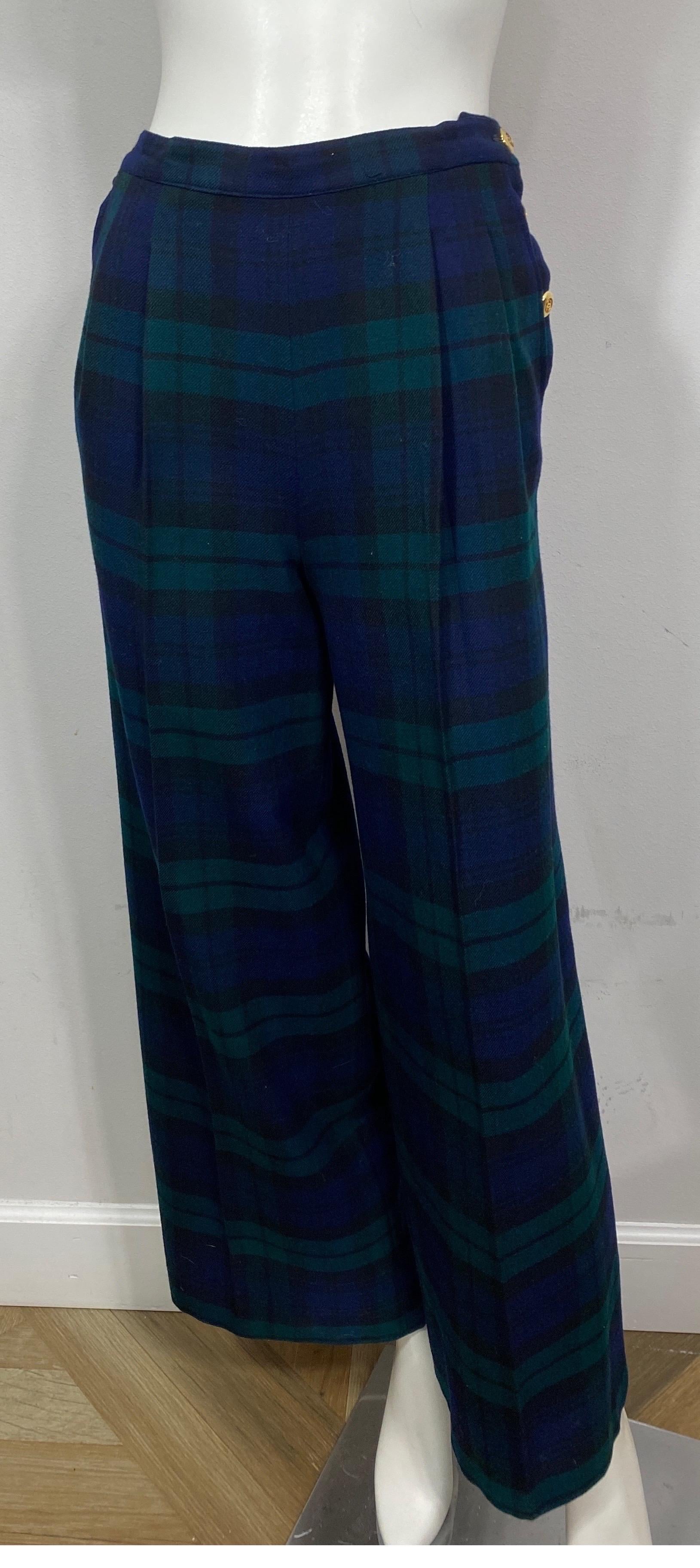 Chanel Mid 1980’s Navy and Green Plaid Double Pleated Wool Pants-Size 36 The vintage Chanel wool pants have a Season 10 code on the paper label which would make this the 10th clothing collection for Karl Lagerfeld making these part of Fall 1984/1985