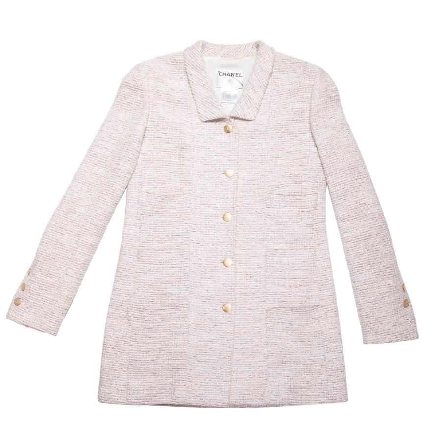 CHANEL Mid-Length Vest in Beige Tweed and Rosewood and Silver Threads Size 40FR For Sale