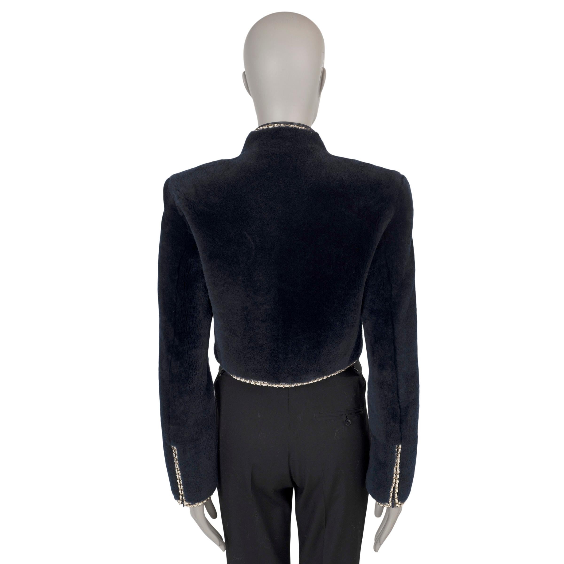 Black CHANEL midnight blue 17A COSMOPOLITE CHAIN TRIM SHEARLING CROPPED Jacket 38 S For Sale