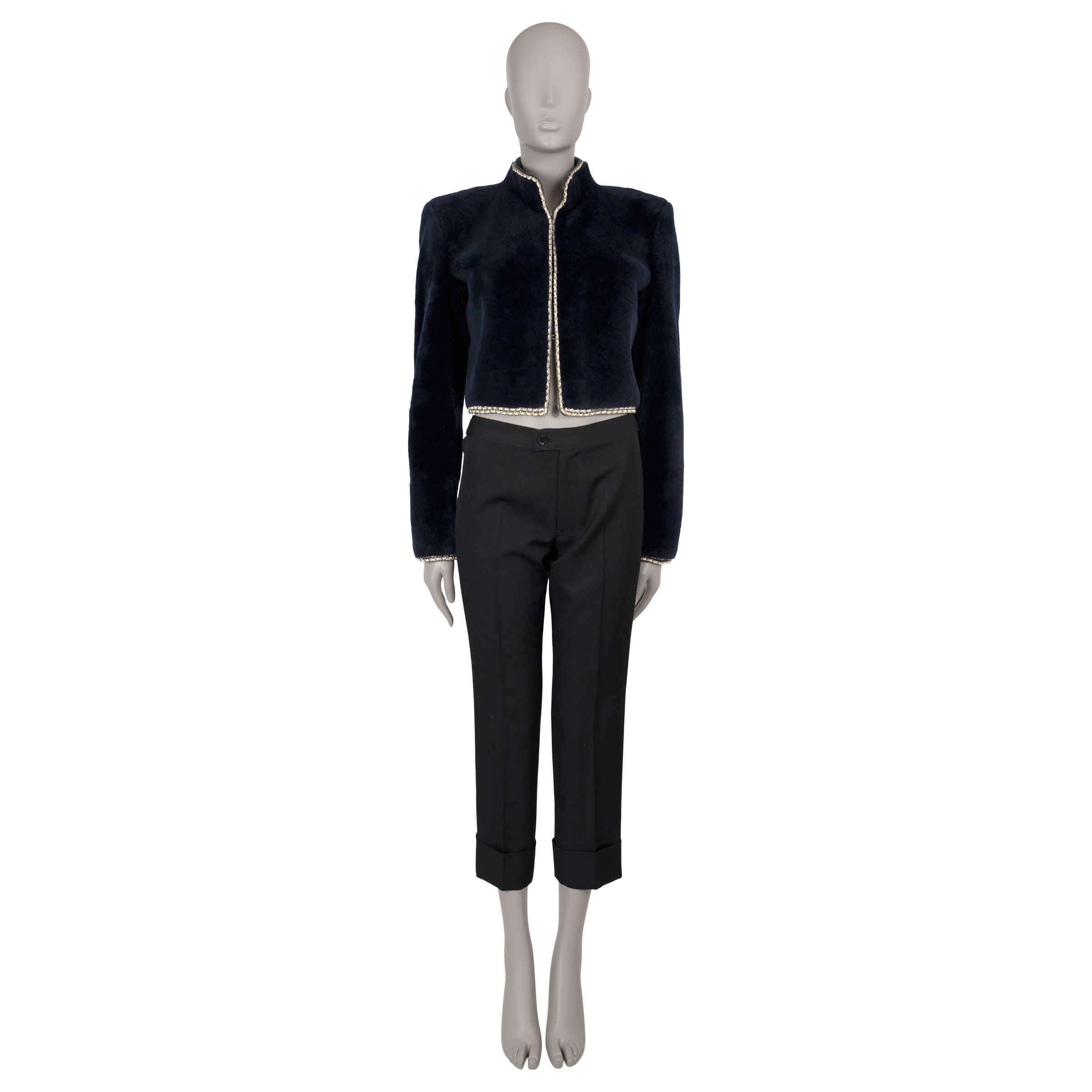 Women's CHANEL midnight blue 17A COSMOPOLITE CHAIN TRIM SHEARLING CROPPED Jacket 38 S For Sale