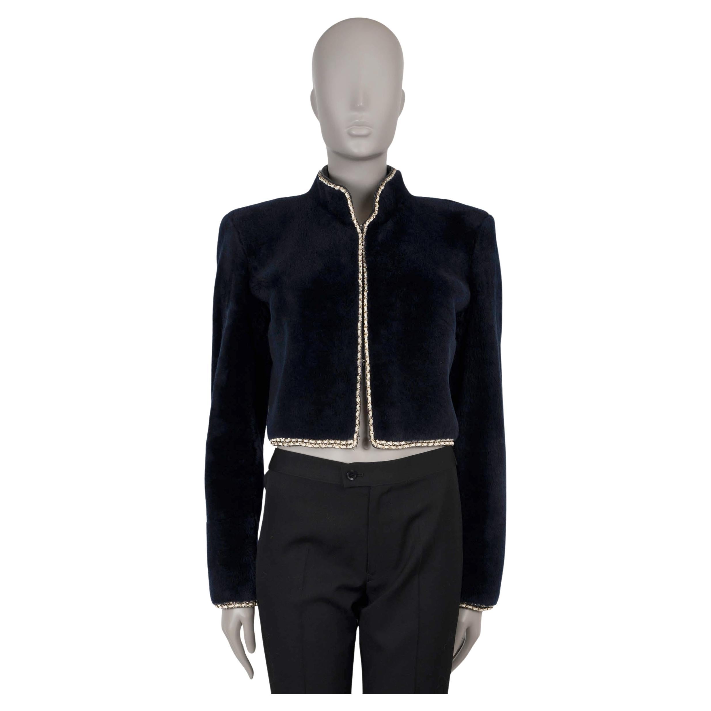 CHANEL midnight blue 17A COSMOPOLITE CHAIN TRIM SHEARLING CROPPED Jacket 38 S For Sale