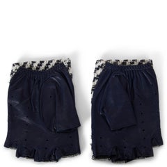 CHANEL midnight blue CC TWEED & LEATHER FINGERLESS Gloves 7.5