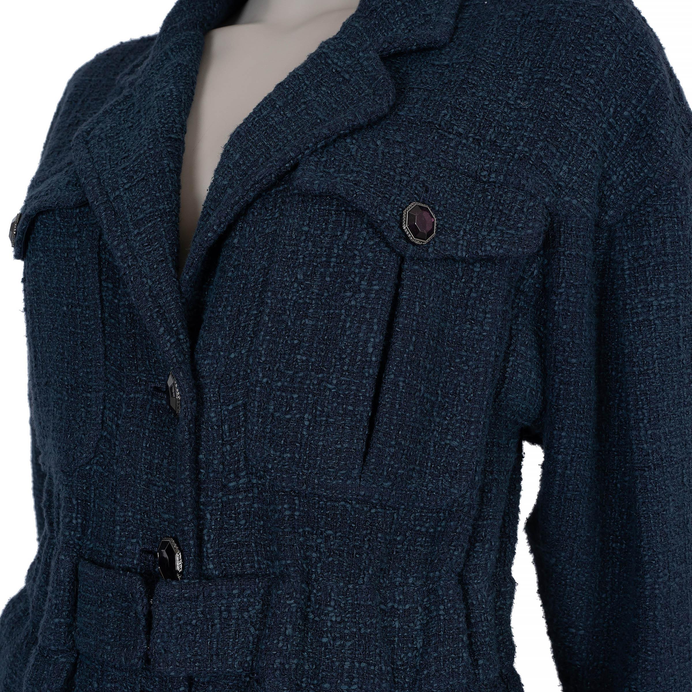 Donna Chanel giacca in cotone blu notte 12K BELTED TWEED 38 S in vendita