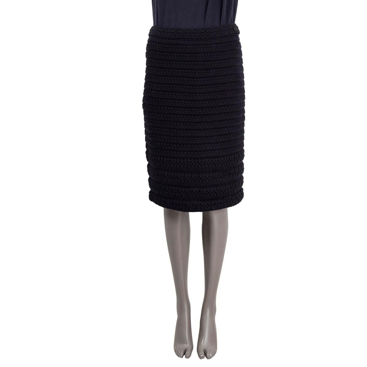 100% authentic Chanel crochet skirt in midnight blue cotton (100%). Opens with a zipper in the back and is lined in cotton (100%). Has been worn and is in excellent condition.

2011 Spring/Summer

Measurements
Model	Chanel11P
Tag