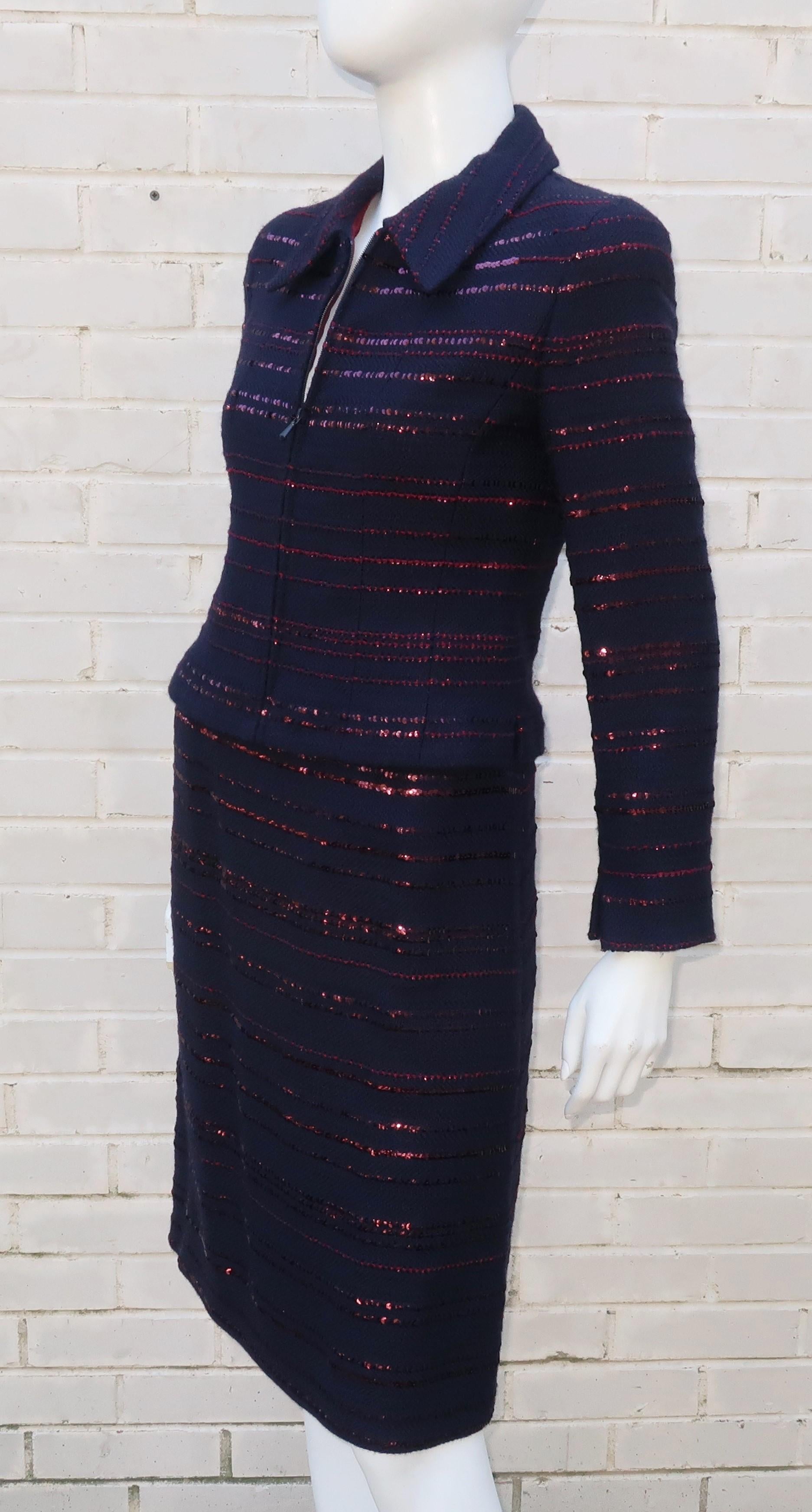 Chanel Midnight Blue & Ruby Red Sequin Skirt Suit, C.2000 2