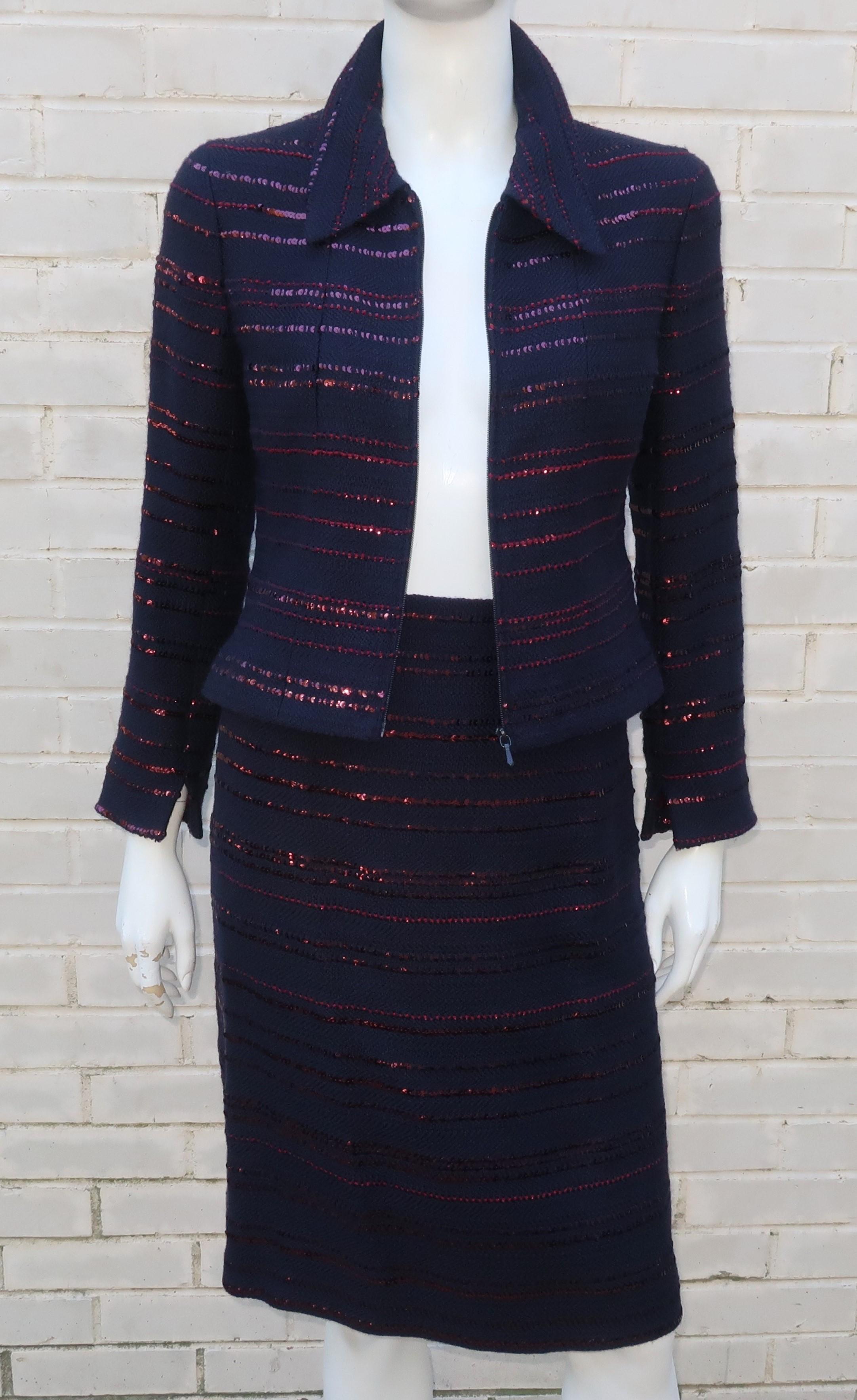 Black Chanel Midnight Blue & Ruby Red Sequin Skirt Suit, C.2000