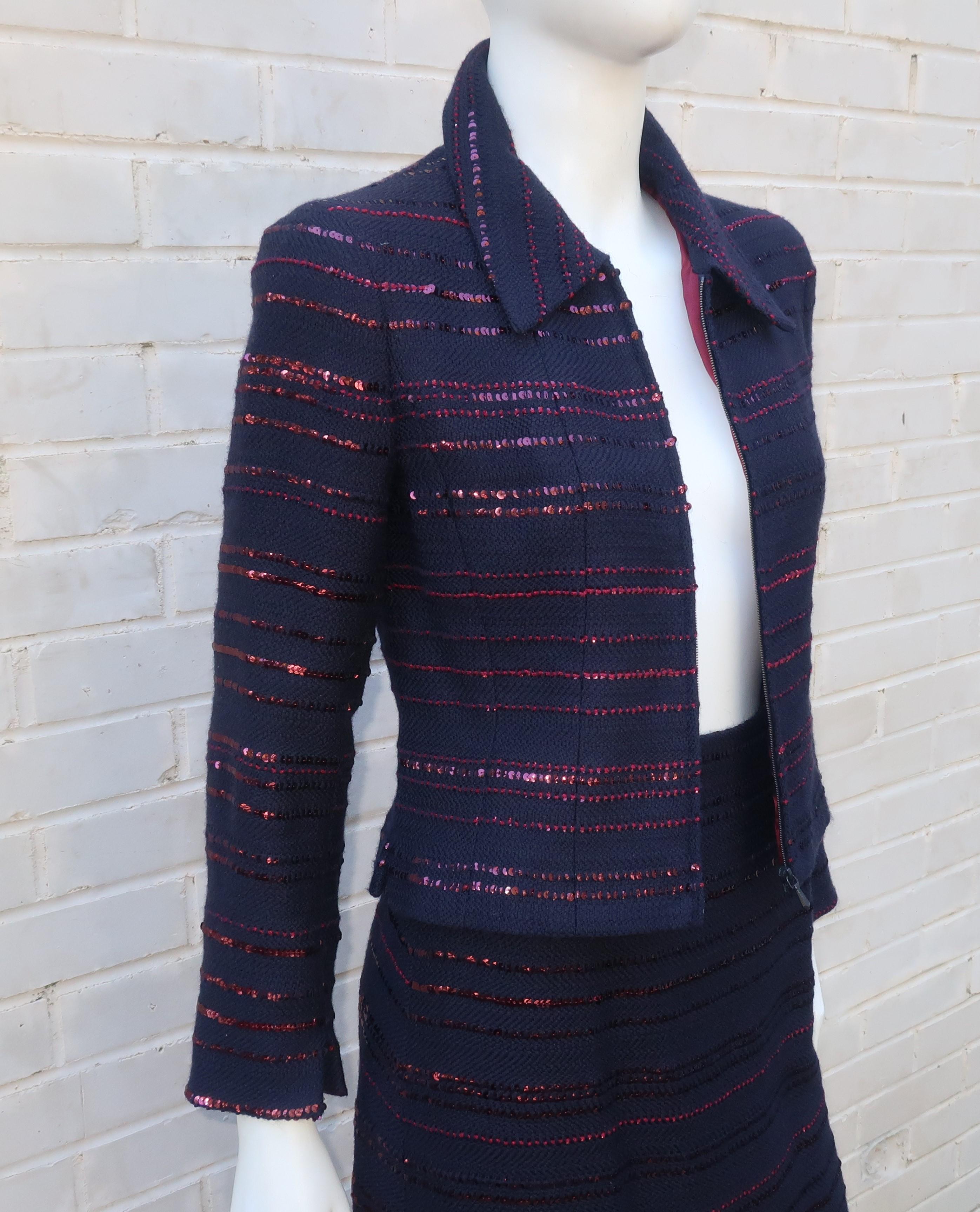 Chanel Midnight Blue & Ruby Red Sequin Skirt Suit, C.2000 In Good Condition In Atlanta, GA