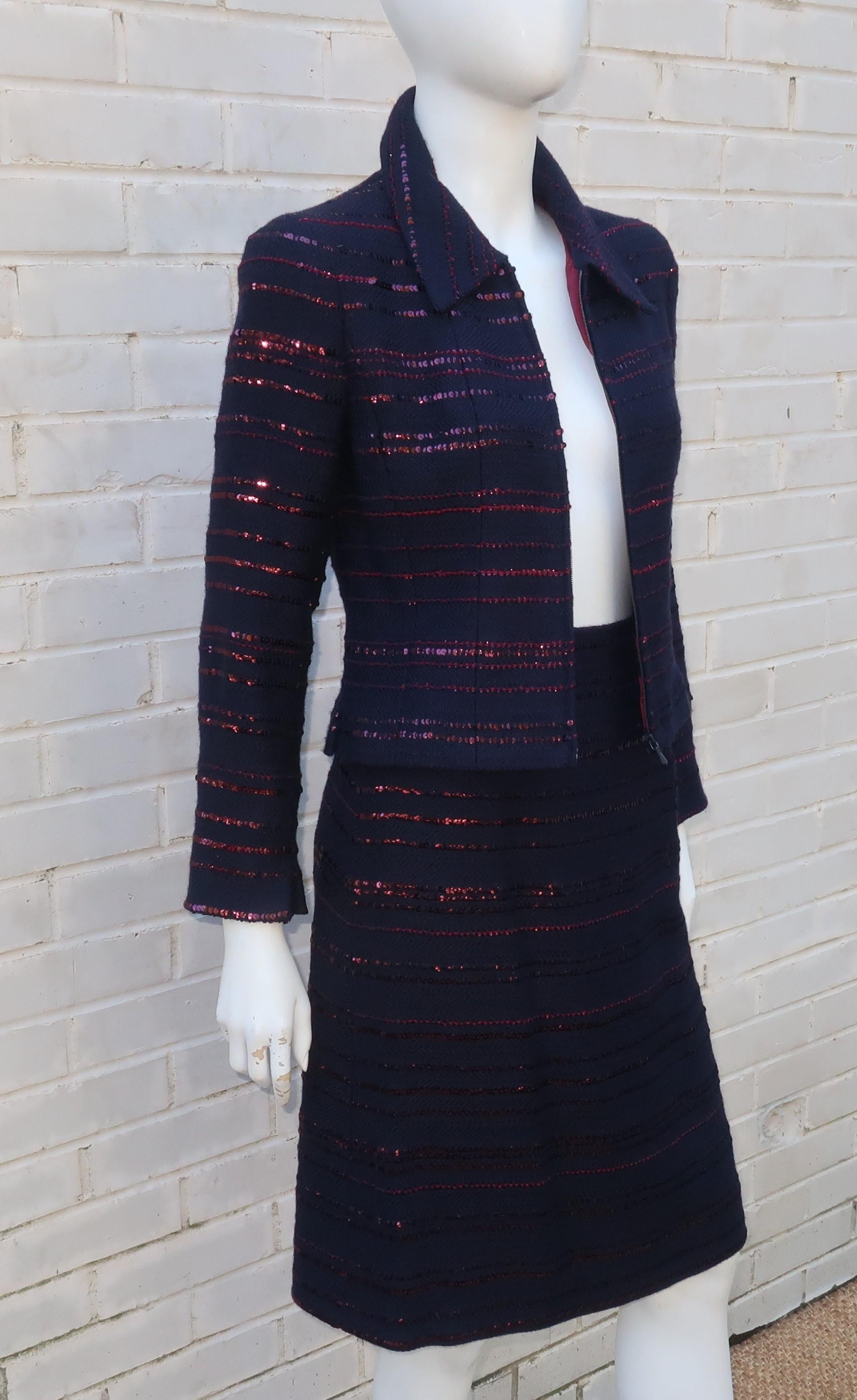 Women's Chanel Midnight Blue & Ruby Red Sequin Skirt Suit, C.2000