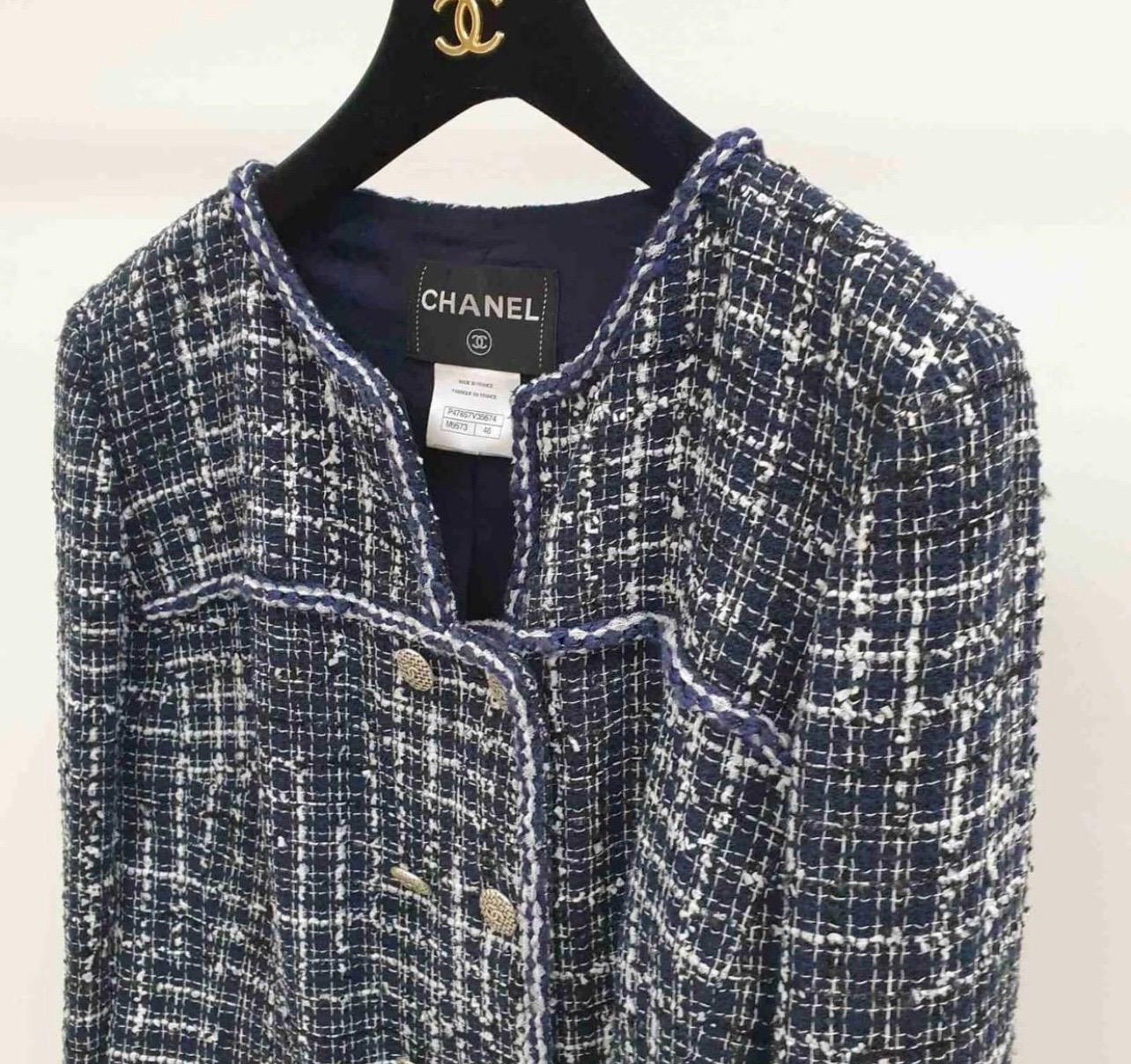Black Chanel Midnight Blue Tweed Double Breasted Jacket M