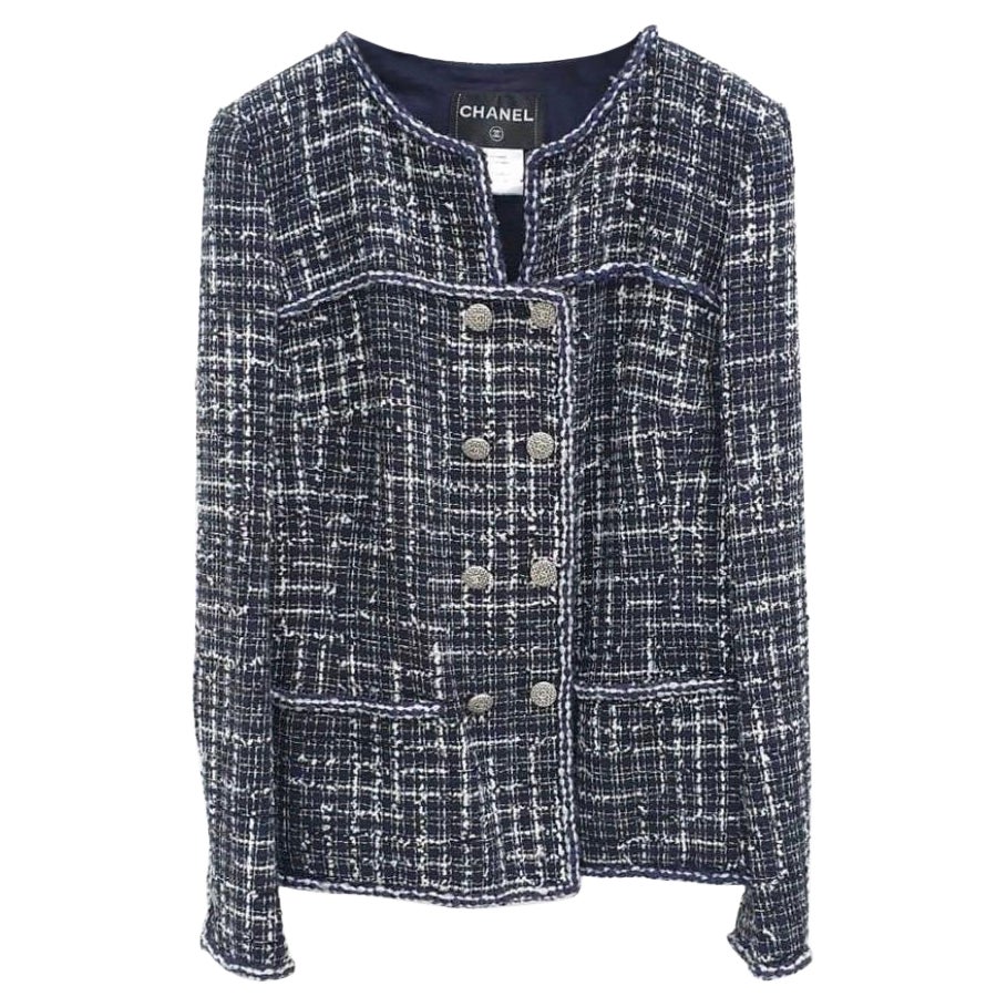 Mitternachtsblaue Tweed-Doppelreihige Jacke M