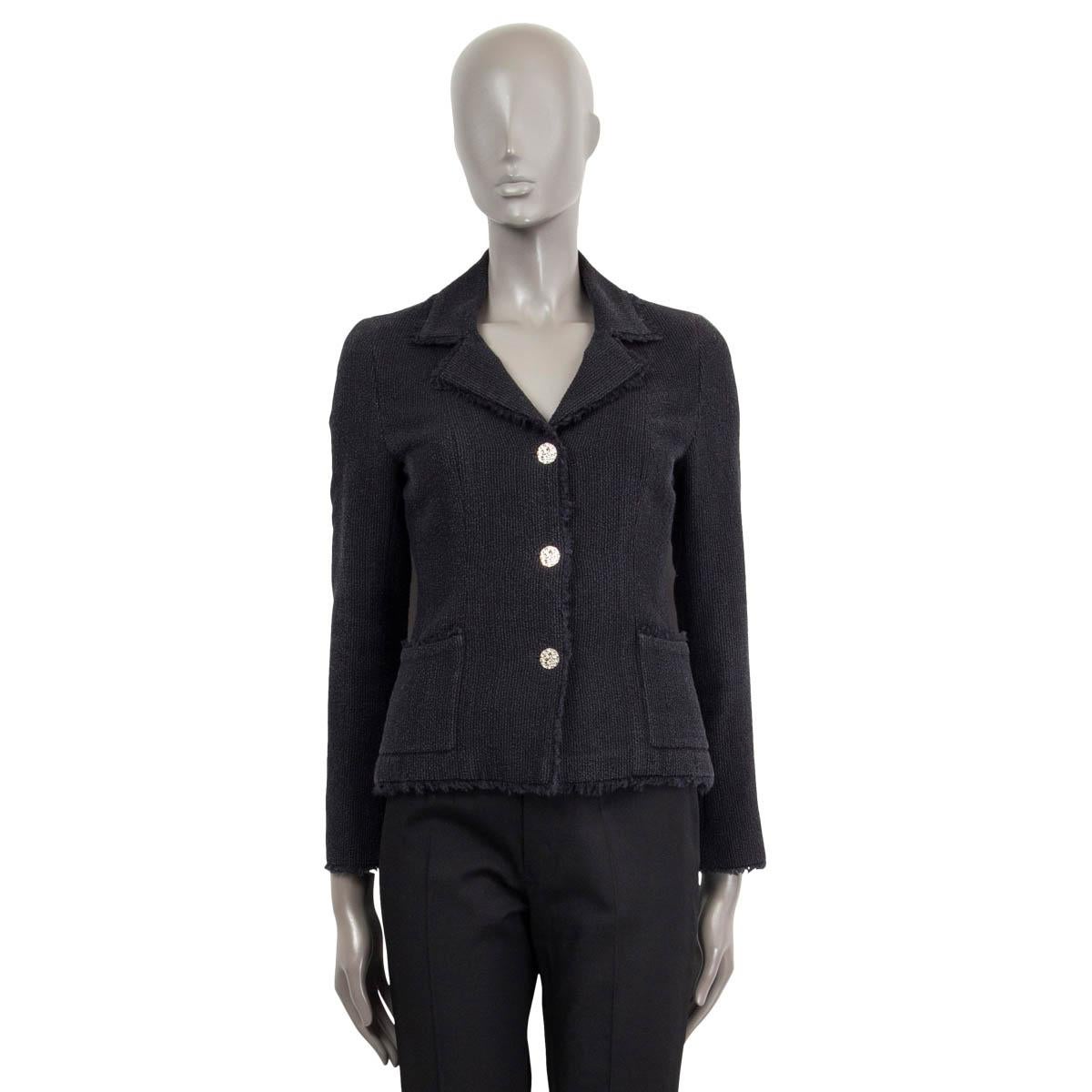 Black CHANEL midnight blue wool 2004 04P FRAYED TWEED Jacket 36 XS For Sale