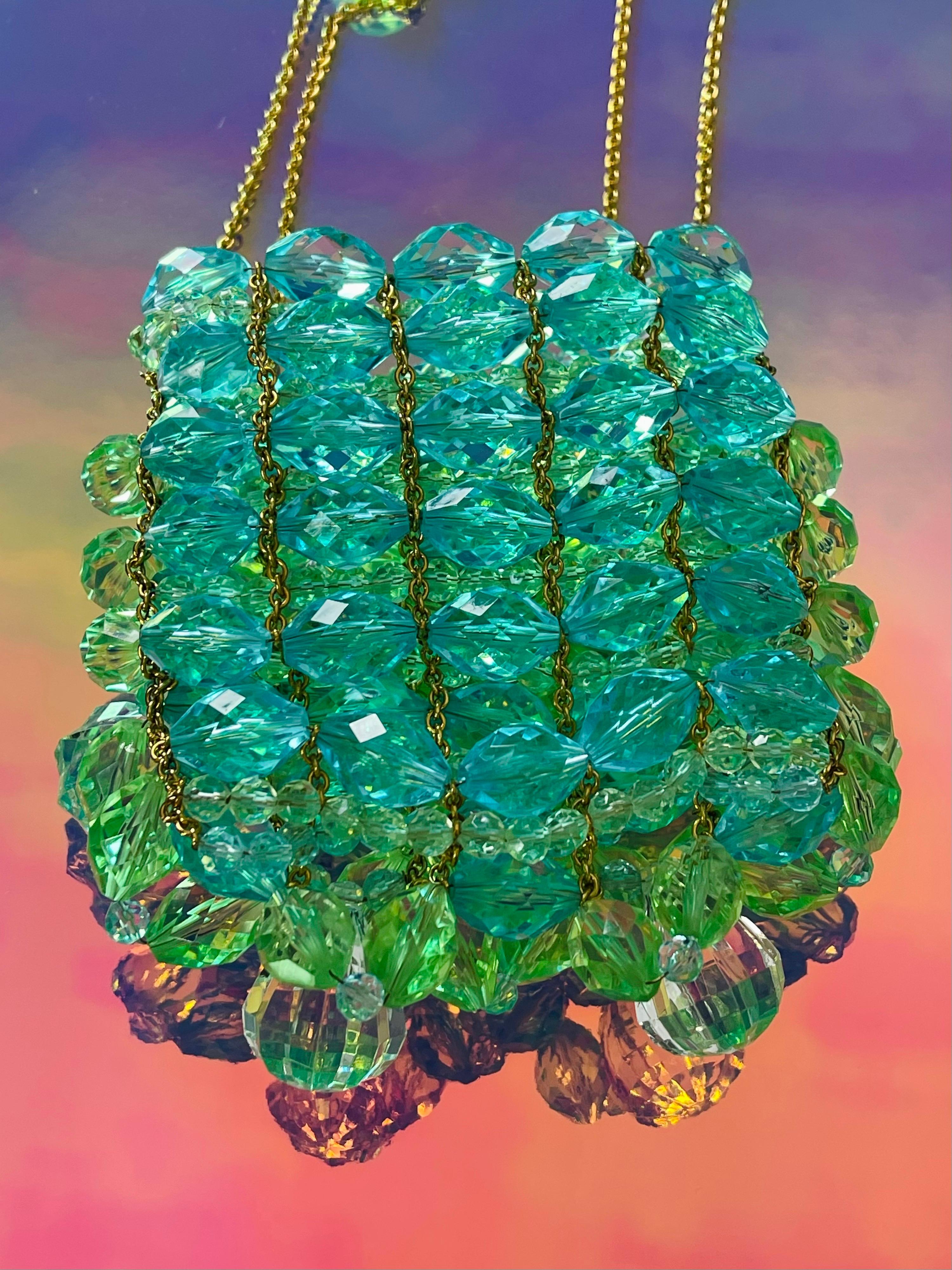 Chanel Minaudière Celeste Lucite Beaded Crystal Vintage Rare Blue Green Beads For Sale 5