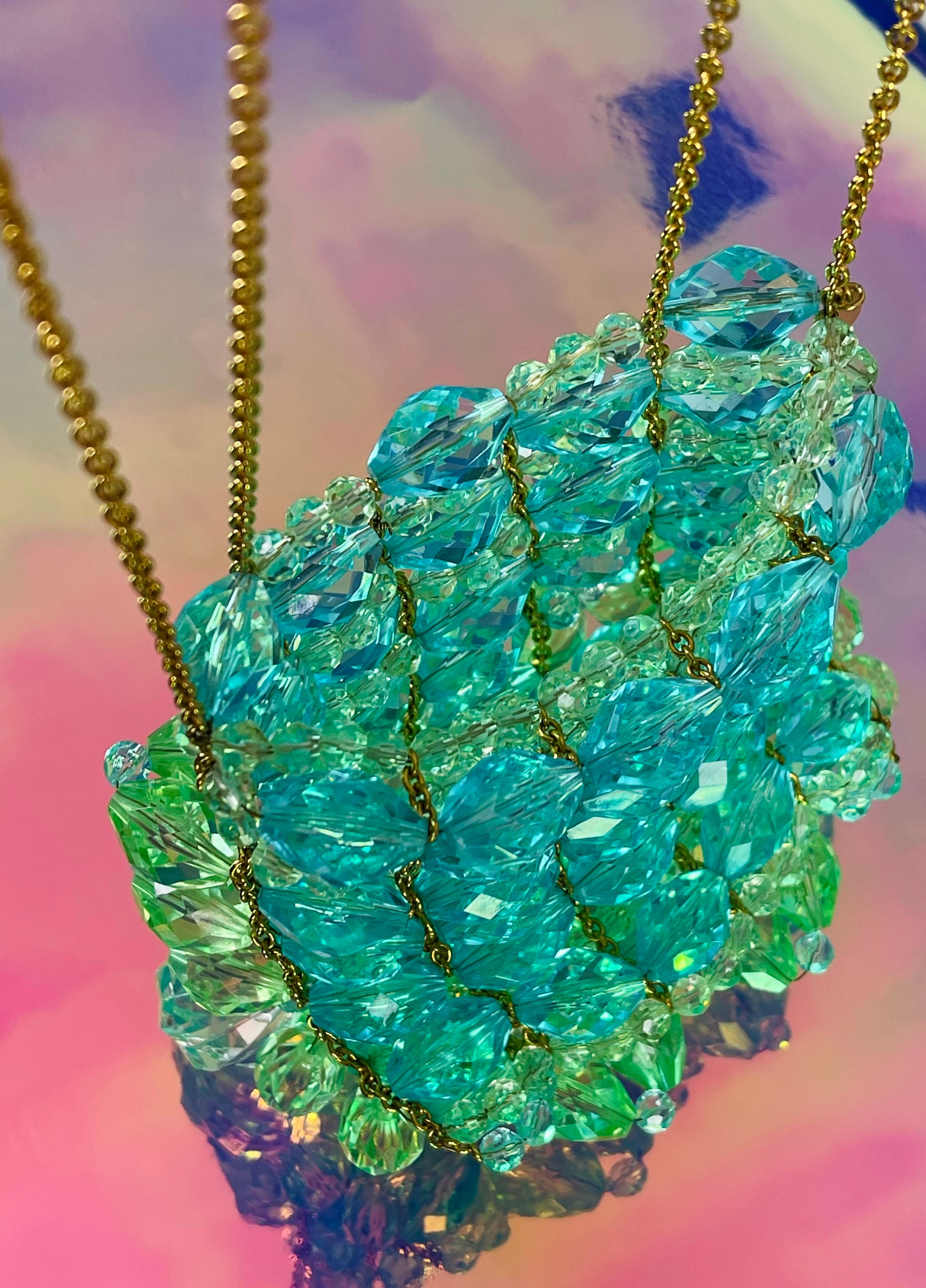 Chanel Minaudière Celeste Lucite Beaded Crystal Vintage Rare Blue Green Beads For Sale 6