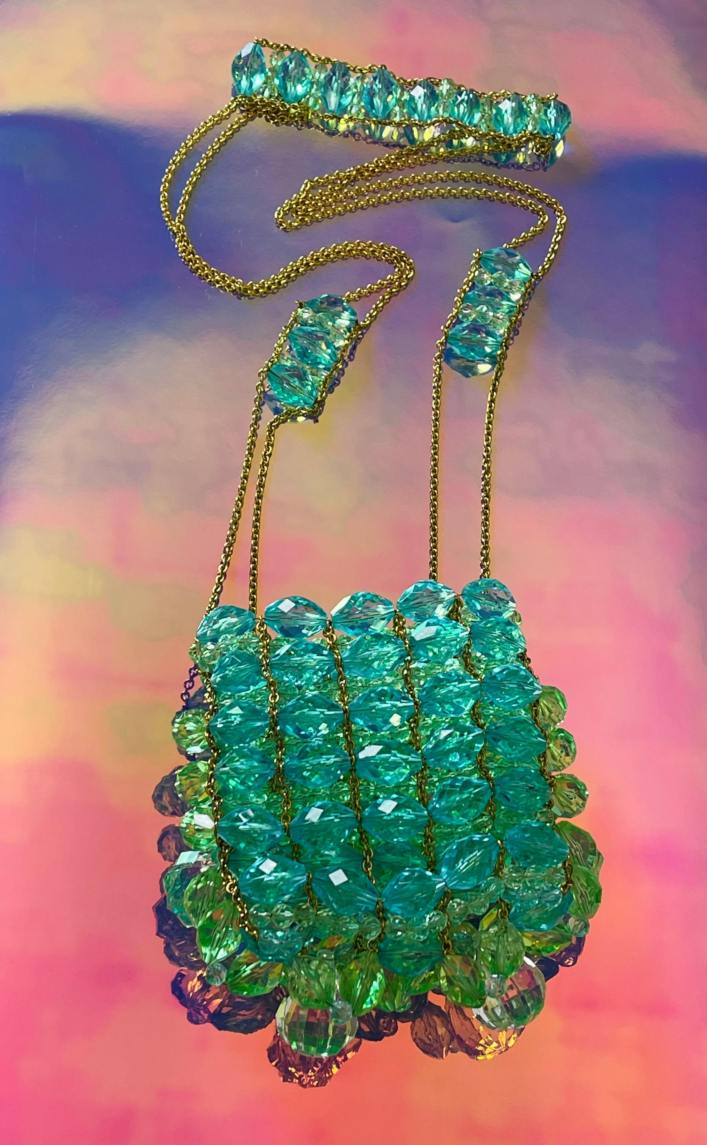 Women's or Men's Chanel Minaudière Celeste Lucite Beaded Crystal Vintage Rare Blue Green Beads For Sale