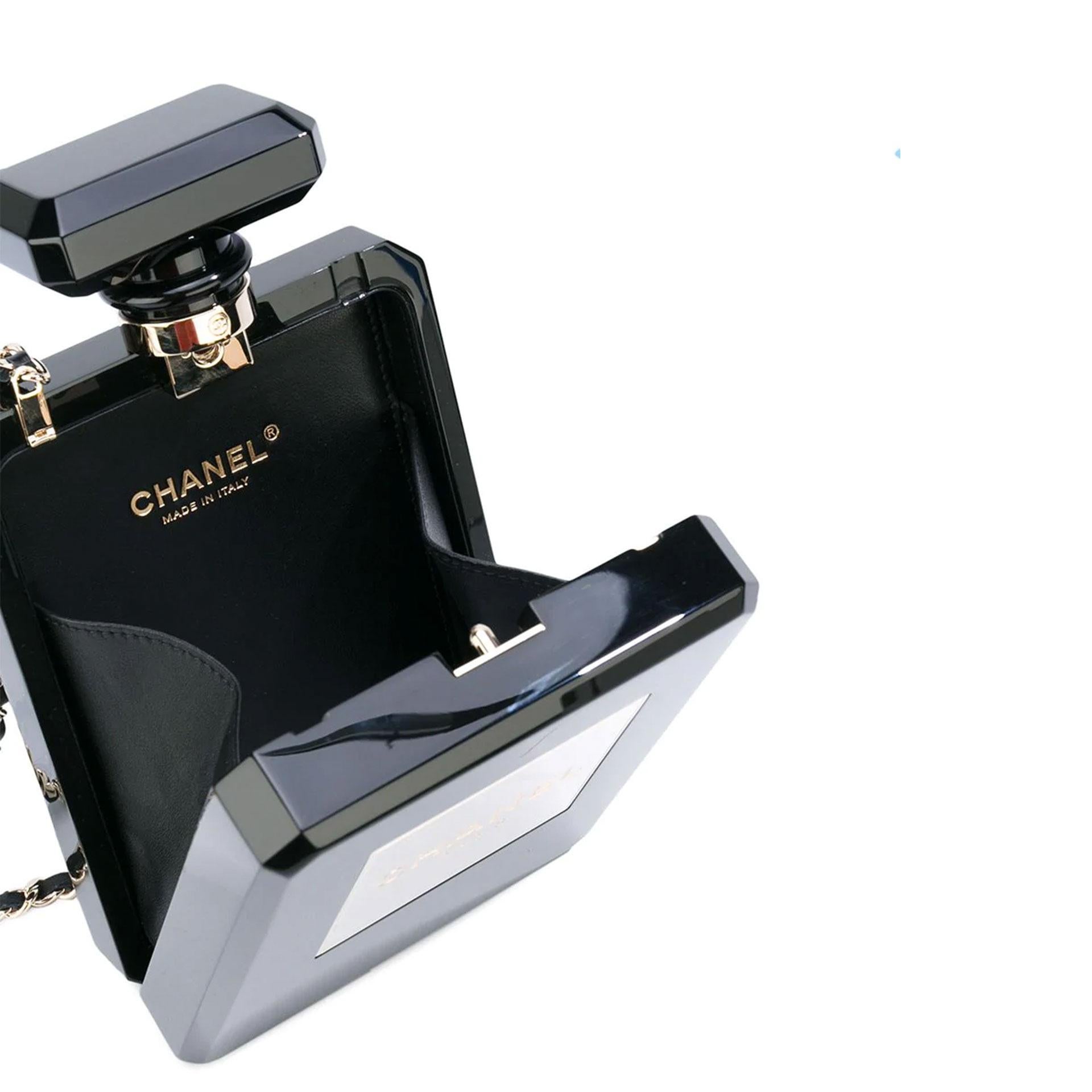 Chanel Number 5 Perfume Bottle Minaudière Clutch Black Plexiglass Crossbody Bag In Good Condition In Miami, FL