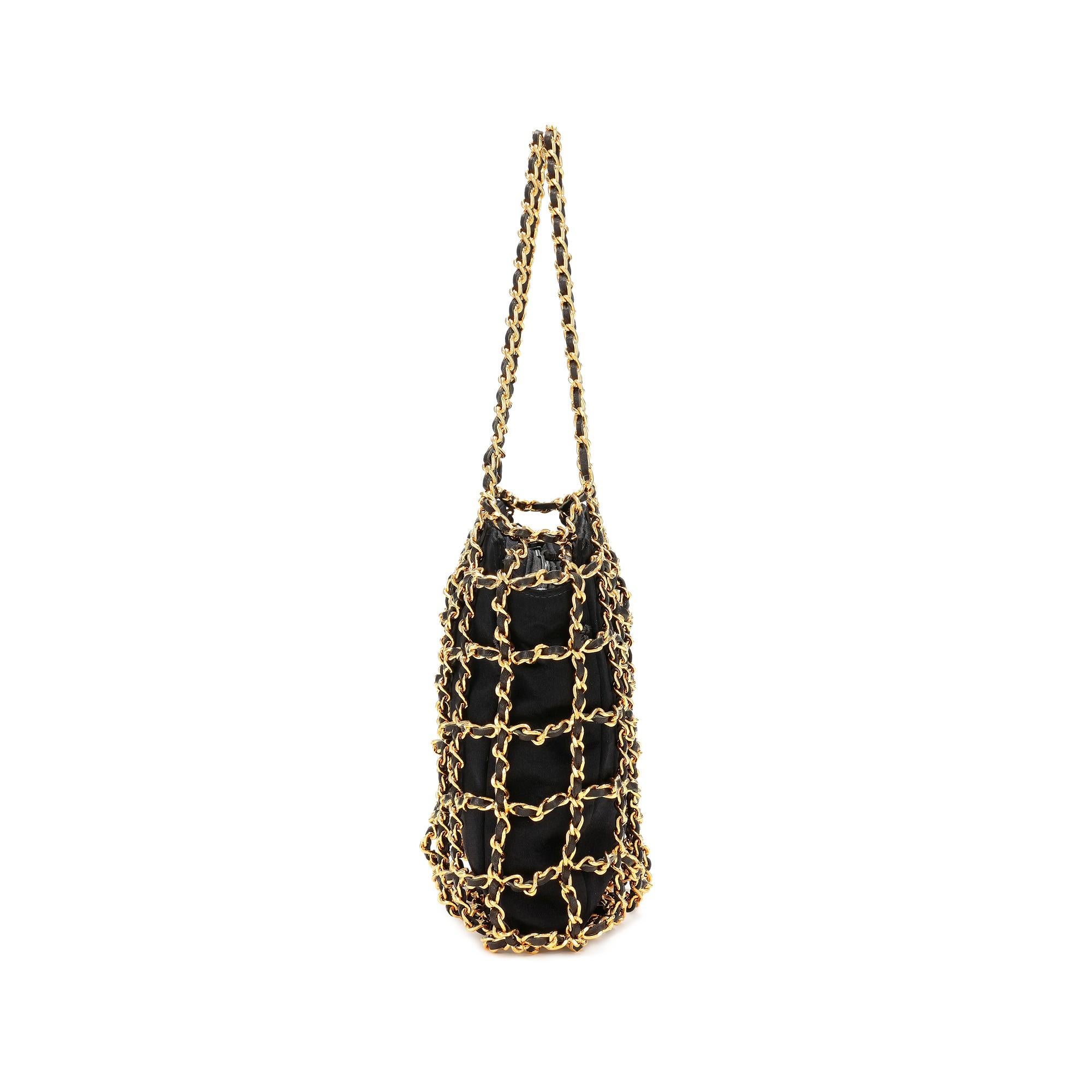 Chanel Minaudière Clutch Rare Vintage Micro Mini Woven Chain Black Satin Satchel For Sale 1