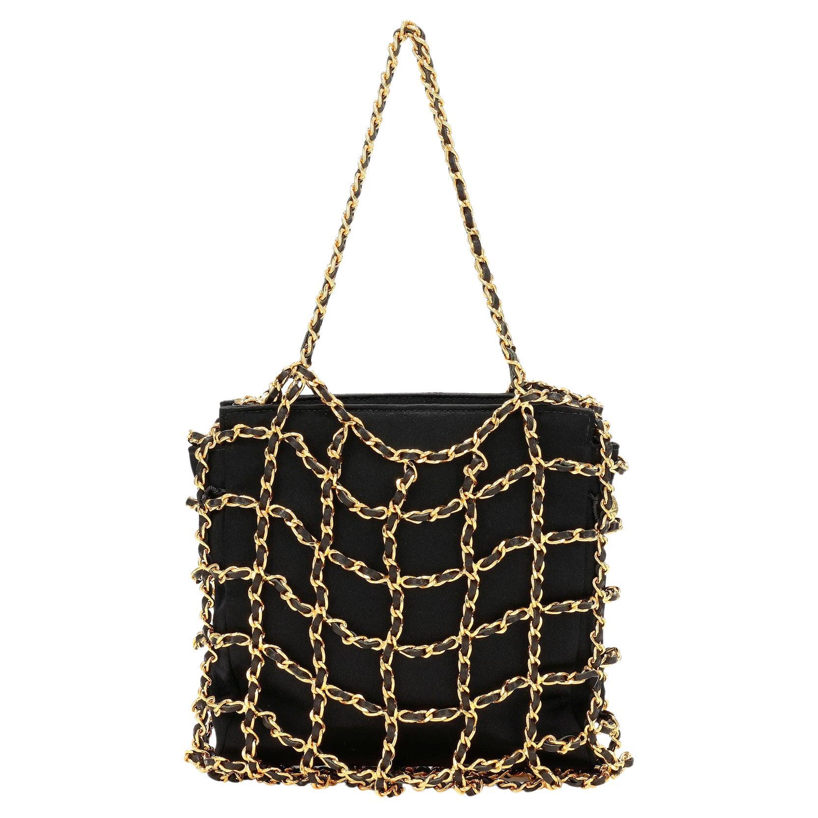 Chanel Minaudière Clutch Rare Vintage Micro Mini Woven Chain Black Satin Satchel For Sale