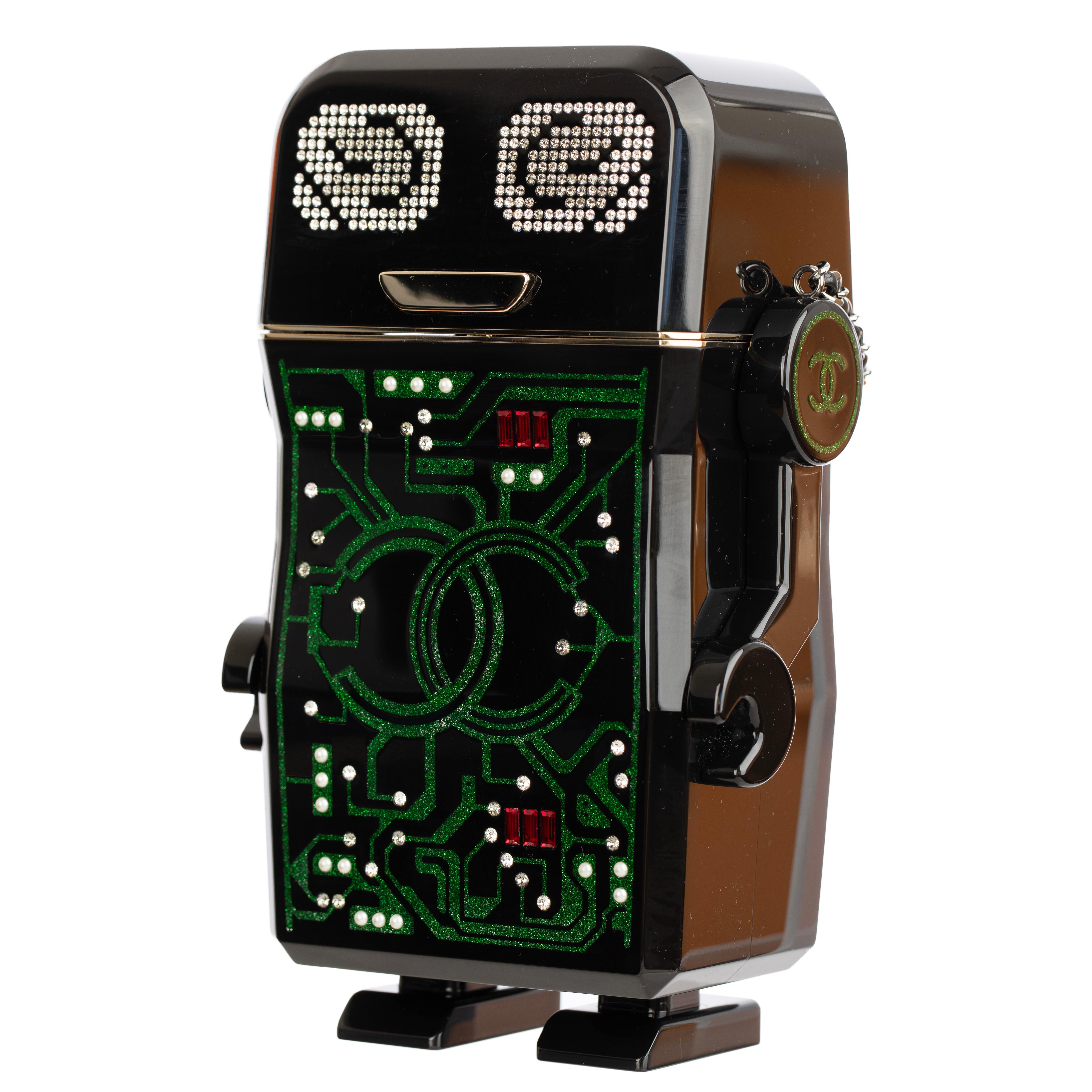 Black Chanel Minaudière Green Limited Edition Robot Silver-Tone Hardware For Sale