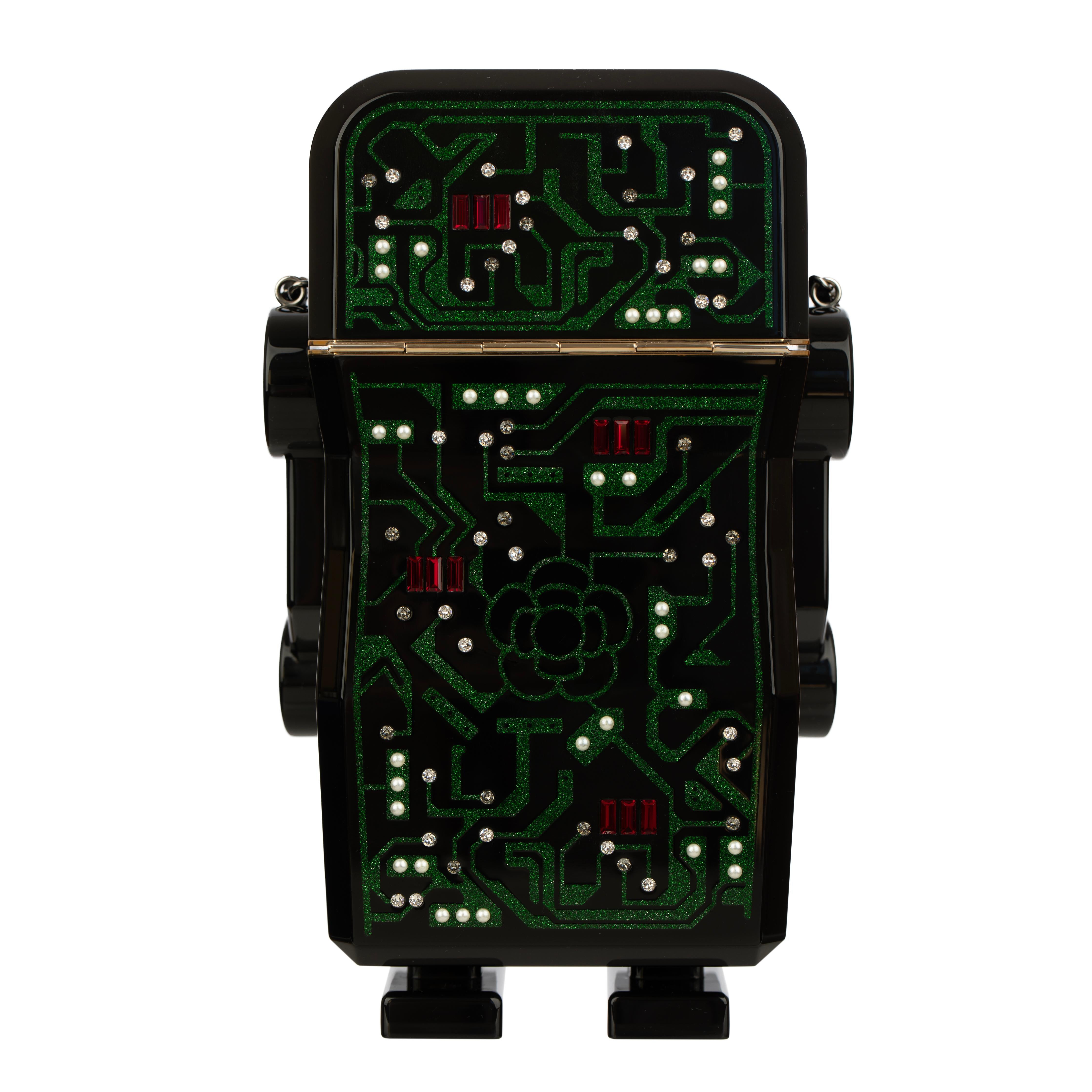 Women's or Men's Chanel Minaudière Green Limited Edition Robot Silver-Tone Hardware For Sale