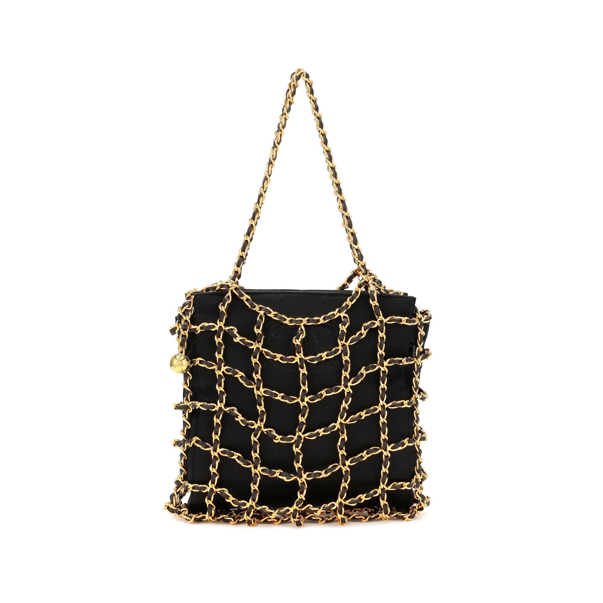 Chanel Minaudière Micro Mini Woven Chain Black Satin Satchel In Good Condition For Sale In Miami, FL
