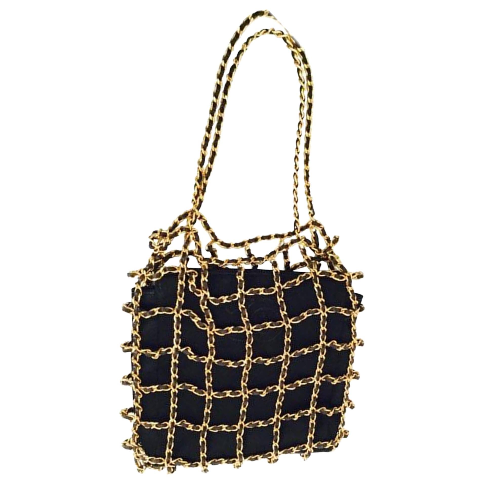 Women's or Men's Chanel Minaudière Micro Mini Woven Chain Black Satin Satchel For Sale