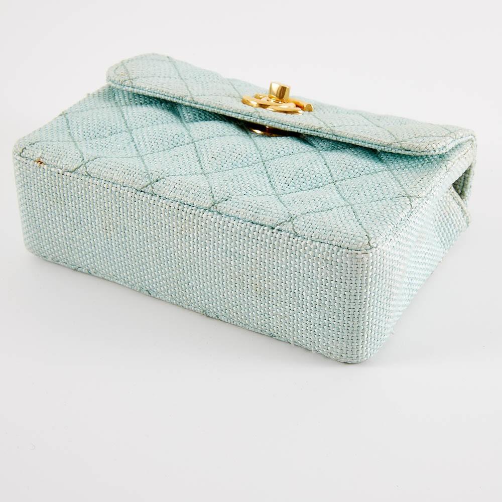 Gray CHANEL Mini Bag in Sky Blue Straw Effect Cotton Fabric