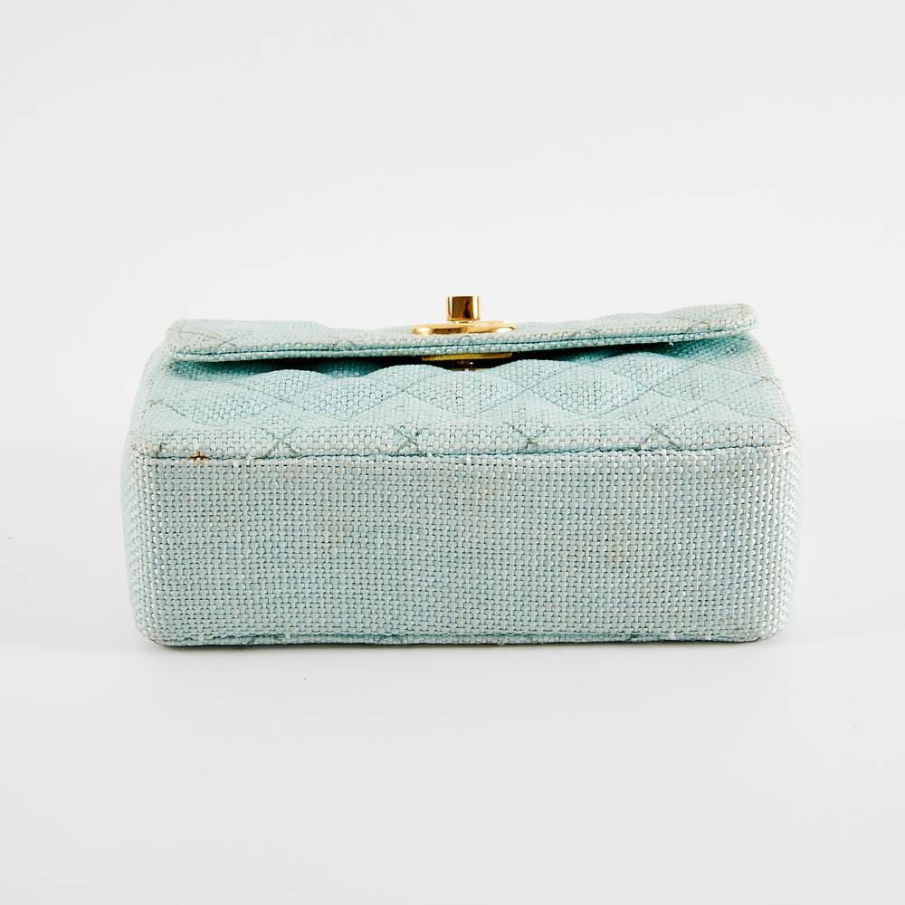 CHANEL Mini Bag in Sky Blue Straw Effect Cotton Fabric In Fair Condition In Paris, FR