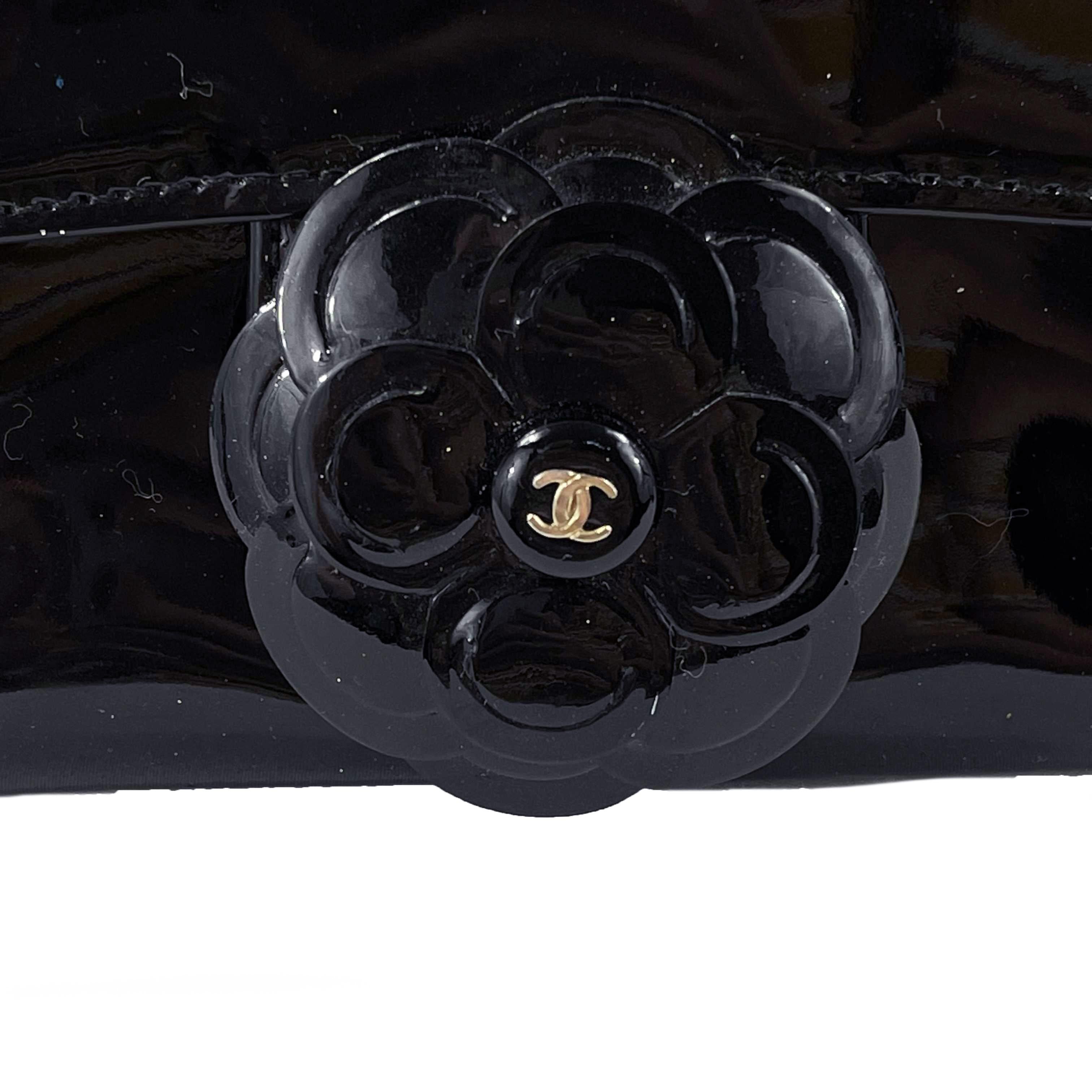 CHANEL- Mini Black / Gold Camellia Flower Patent Leather Single Flap Crossbody 5