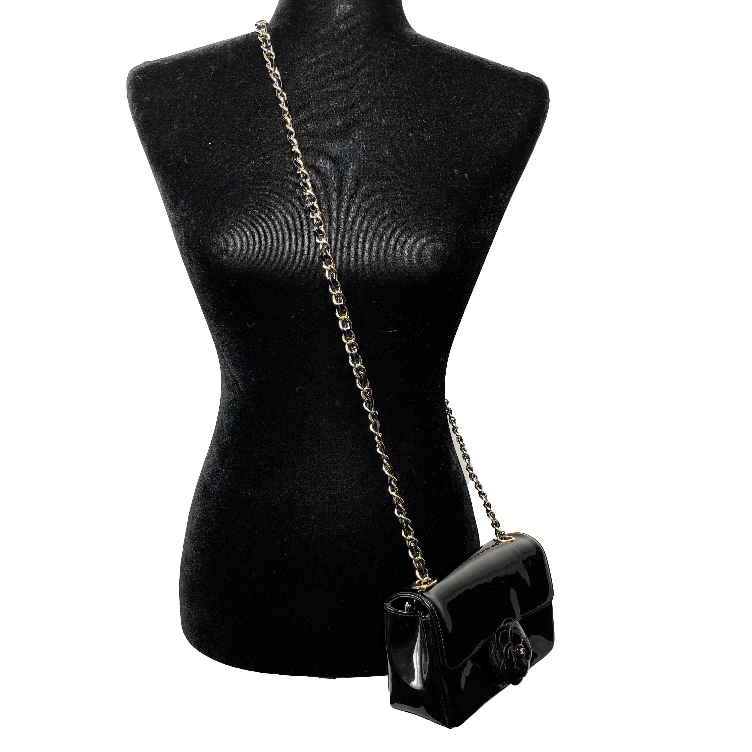 CHANEL- Mini Black / Gold Camellia Flower Patent Leather Single Flap Crossbody 7