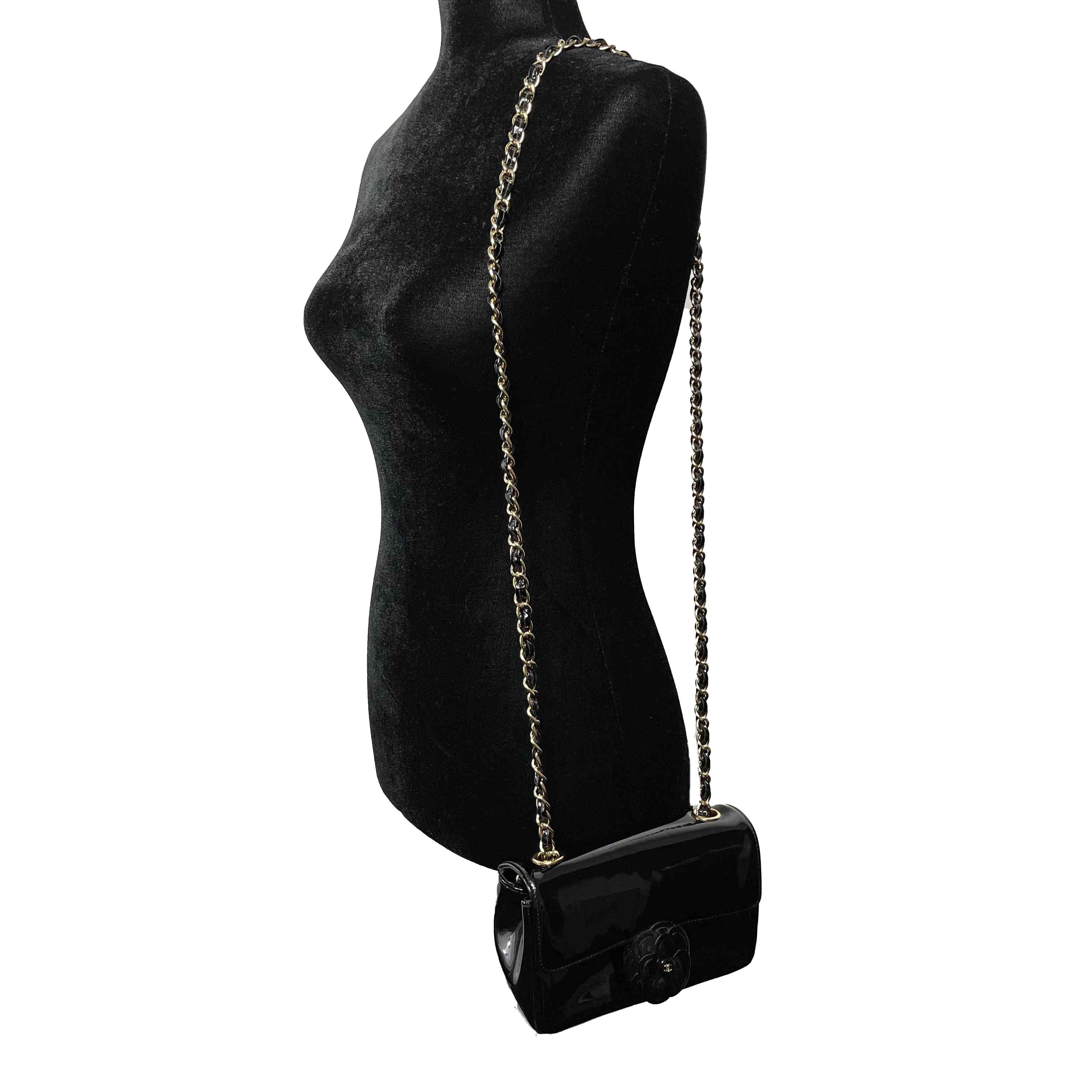 Women's CHANEL- Mini Black / Gold Camellia Flower Patent Leather Single Flap Crossbody