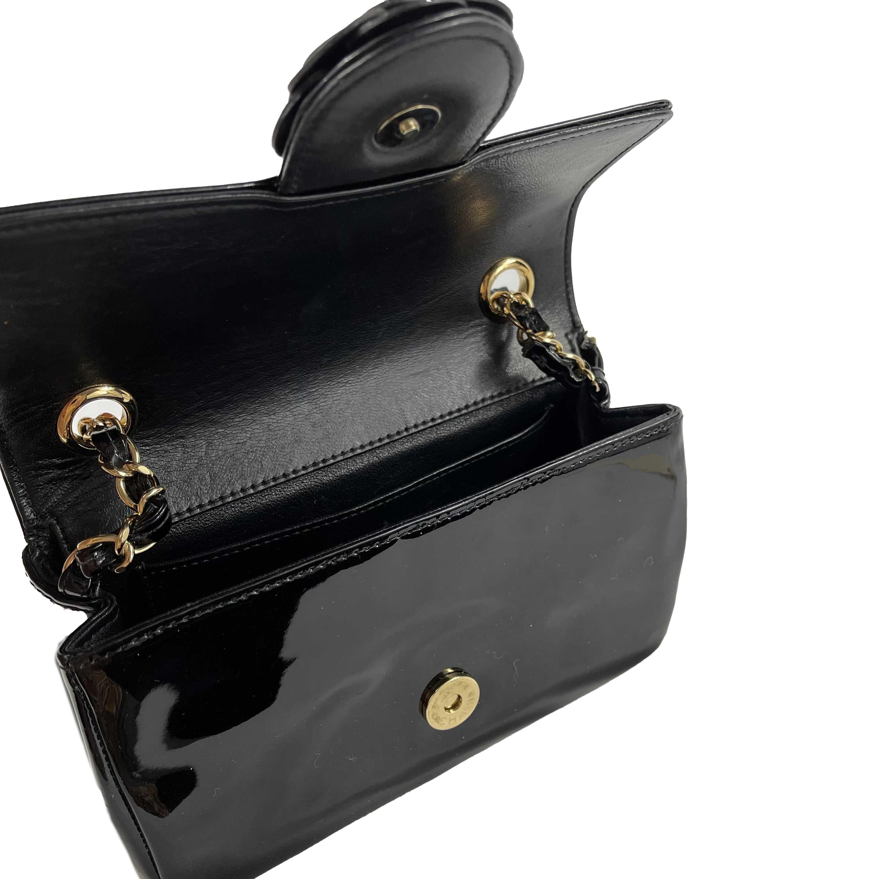 CHANEL- Mini Black / Gold Camellia Flower Patent Leather Single Flap Crossbody 1