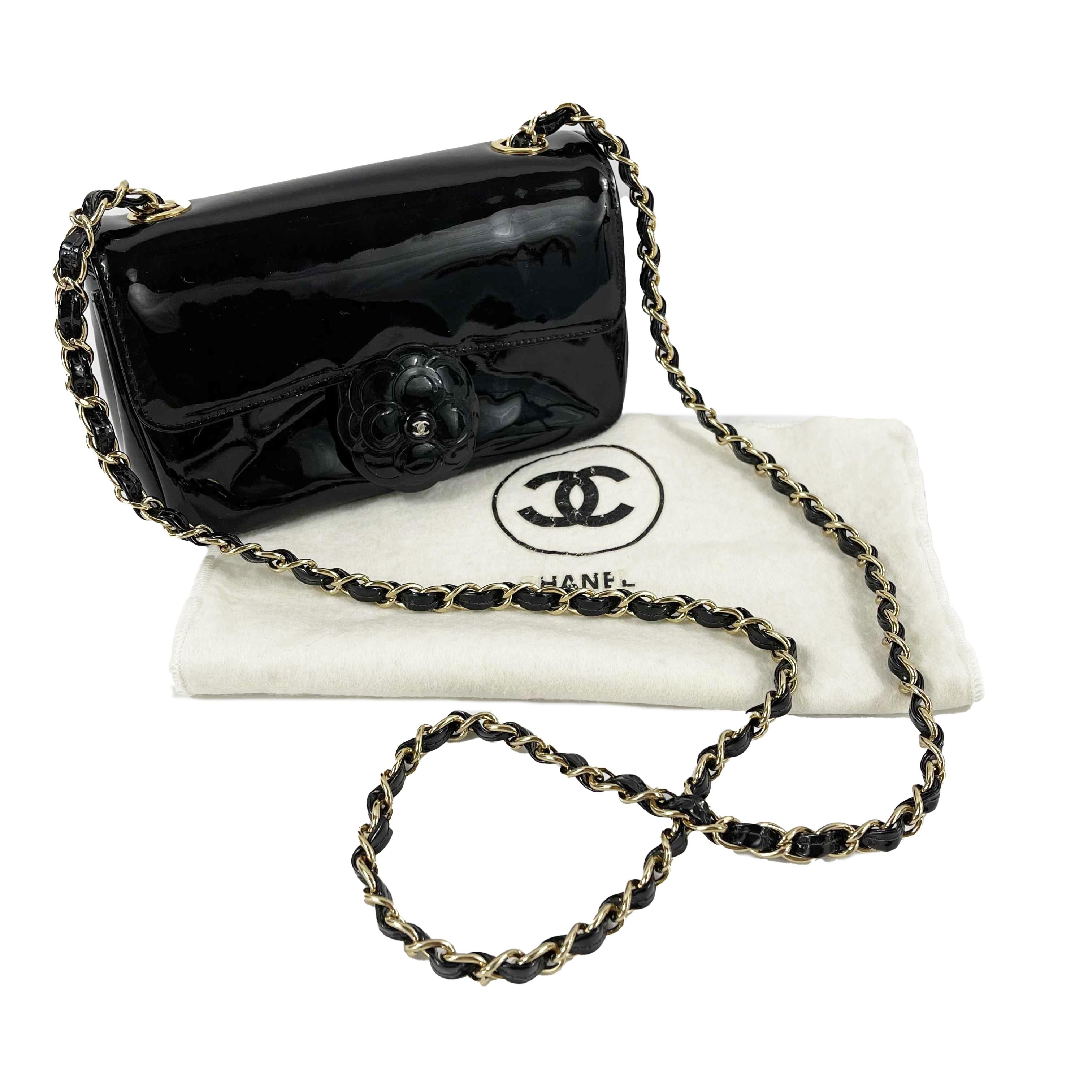 CHANEL- Mini Black / Gold Camellia Flower Patent Leather Single Flap Crossbody 2