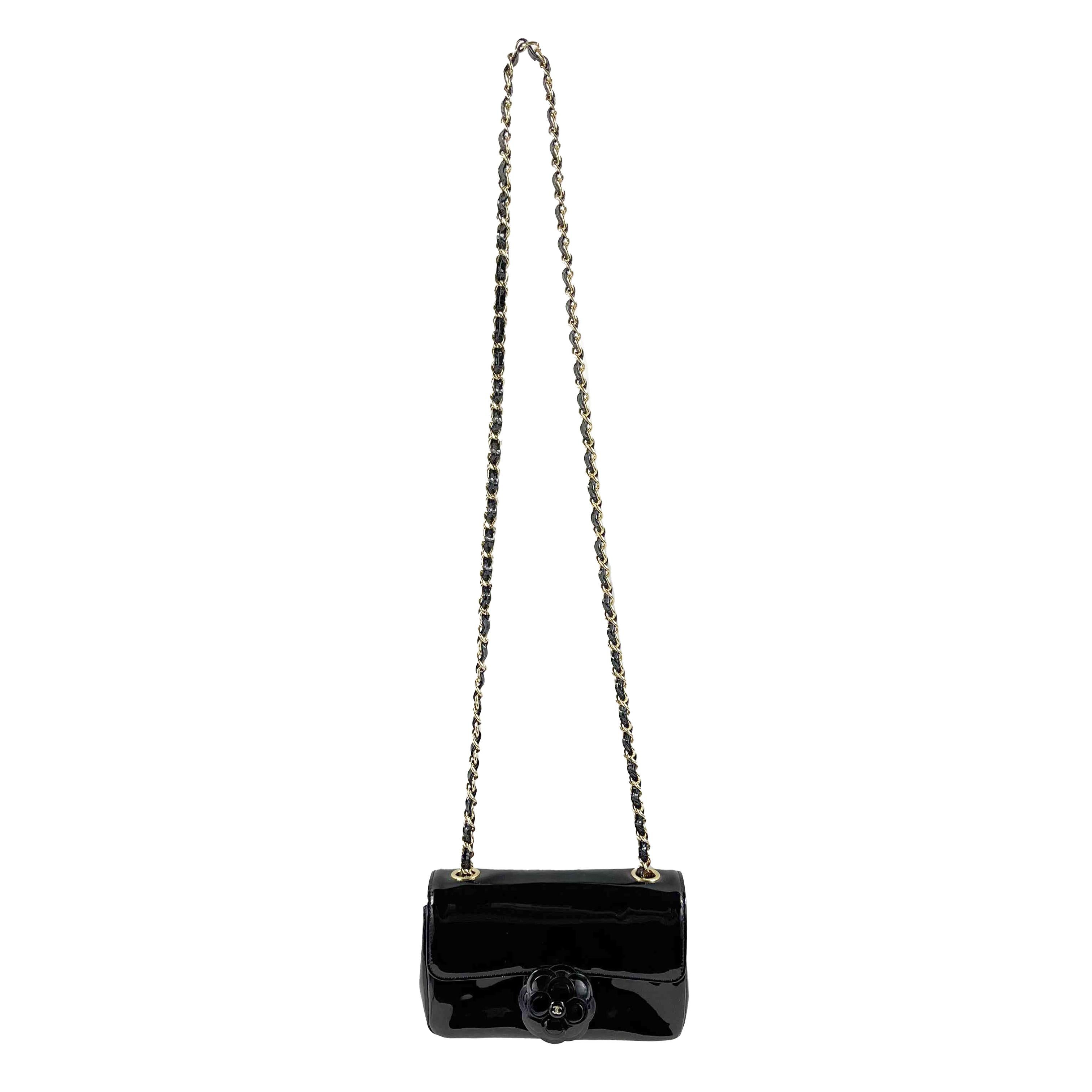 CHANEL- Mini Black / Gold Camellia Flower Patent Leather Single Flap Crossbody 3