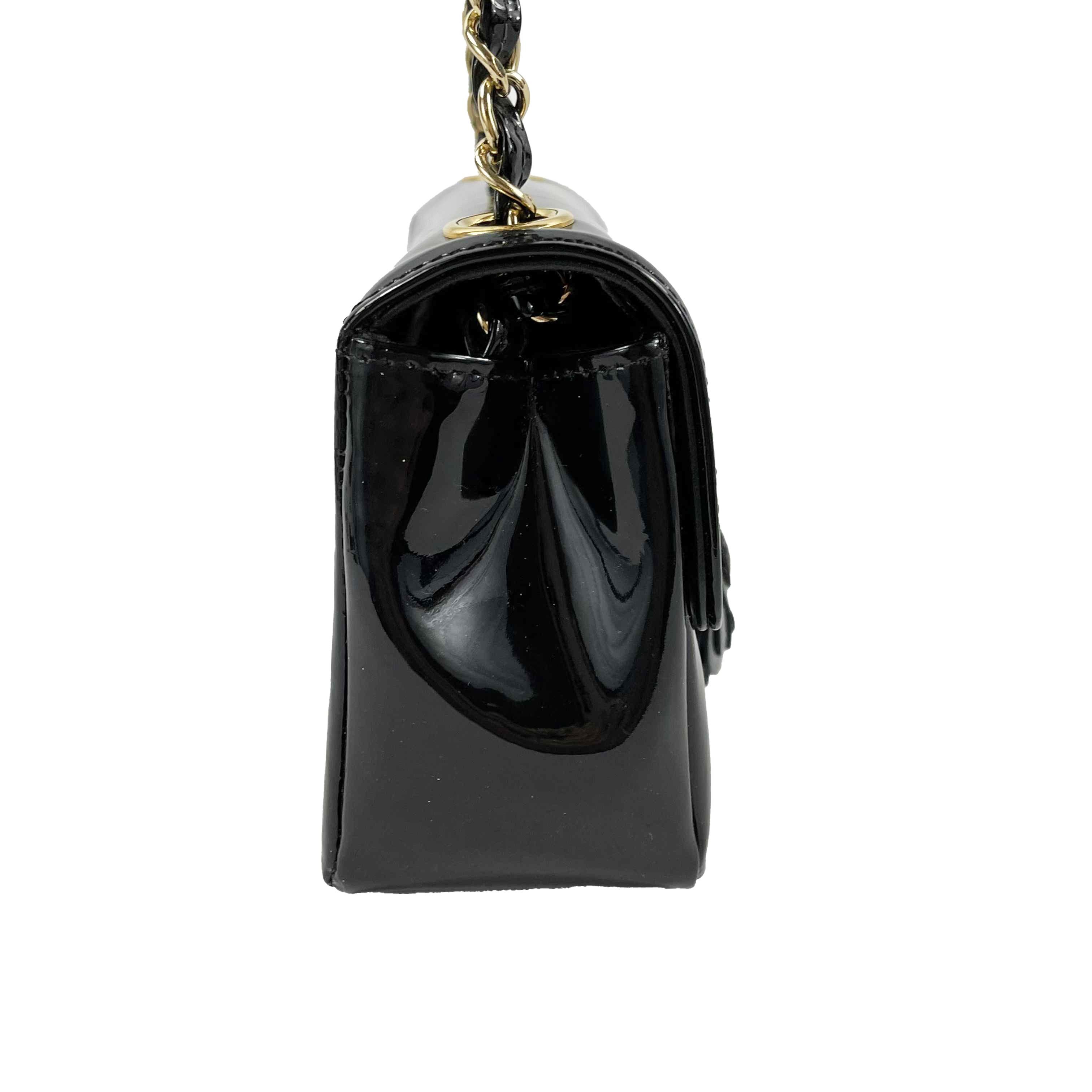 CHANEL- Mini Black / Gold Camellia Flower Patent Leather Single Flap Crossbody 4