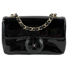 CHANEL- Mini Black / Gold Camellia Flower Patent Leather Single Flap Crossbody