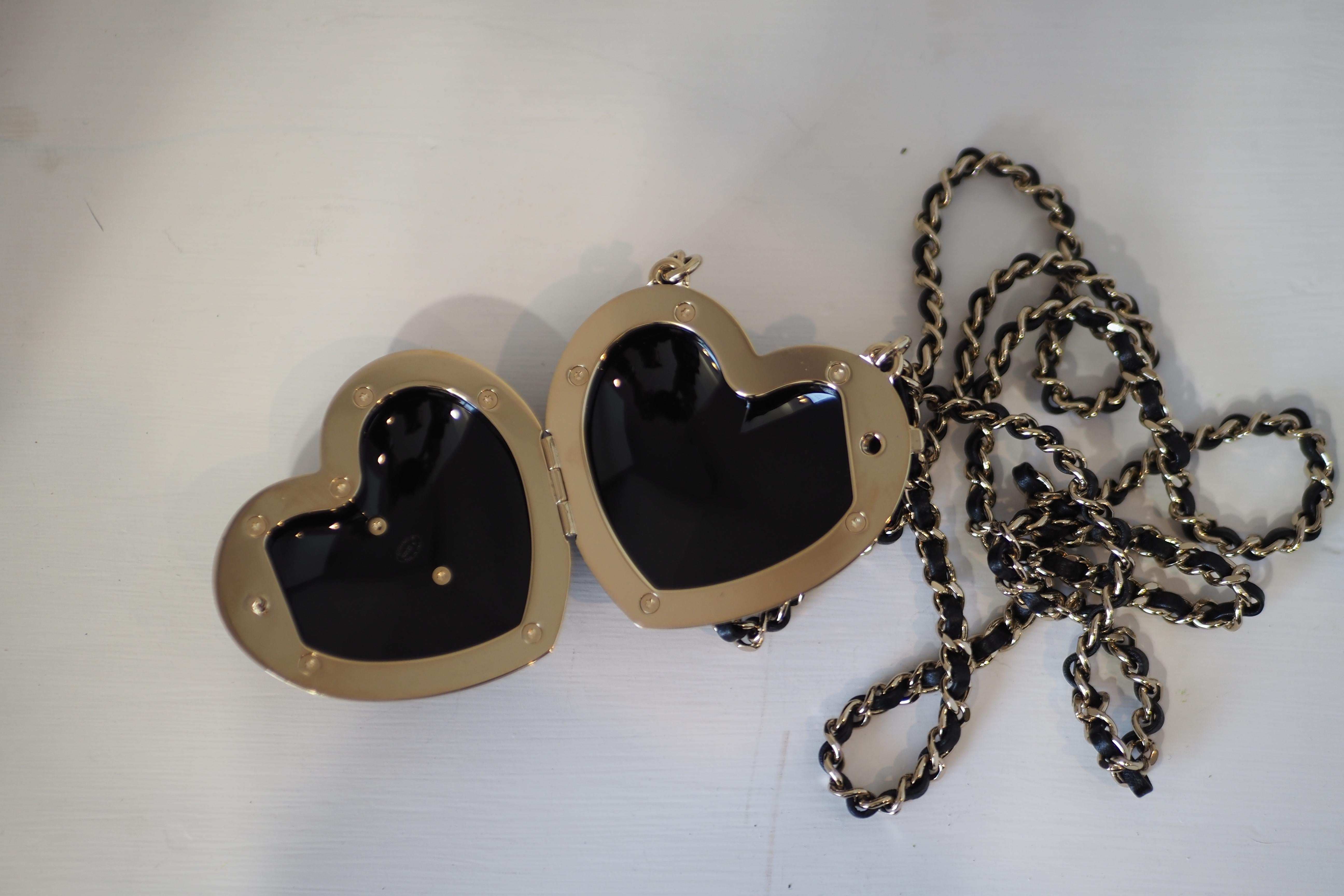 Women's or Men's Chanel mini  Black gold CC Heart Necklace, locker crossbody bag NWOT For Sale