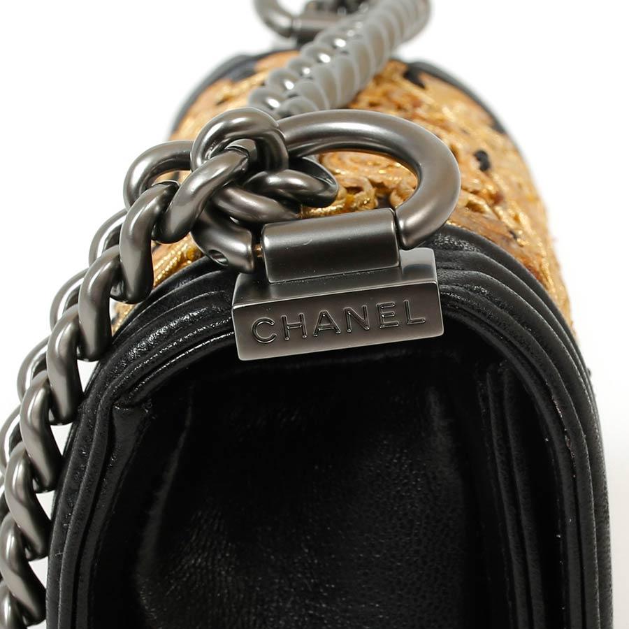 CHANEL Mini Boy in Black Leather, Gold Lace and Black Pearls For Sale 3