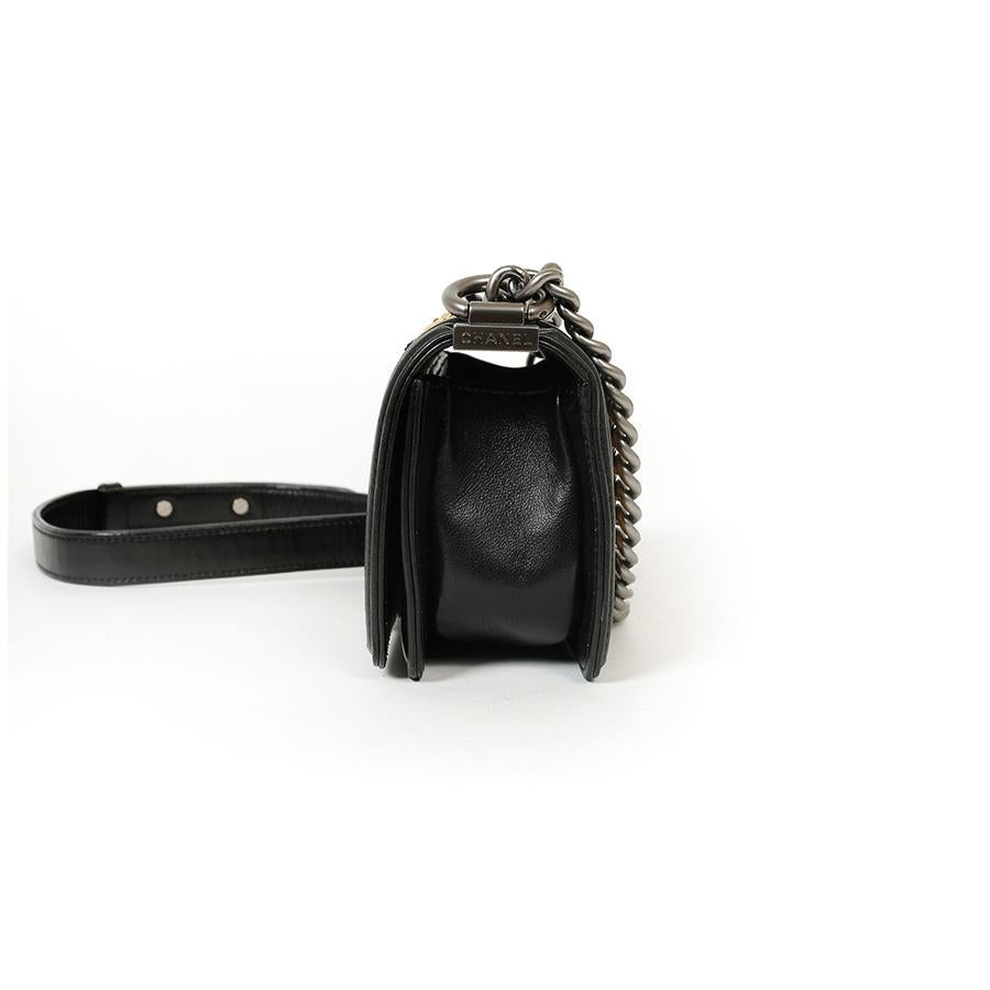 CHANEL Mini Boy in Black Leather, Gold Lace and Black Pearls For Sale 4