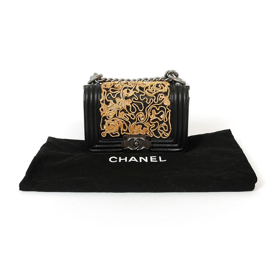 CHANEL Mini Boy in Black Leather, Gold Lace and Black Pearls For Sale 9