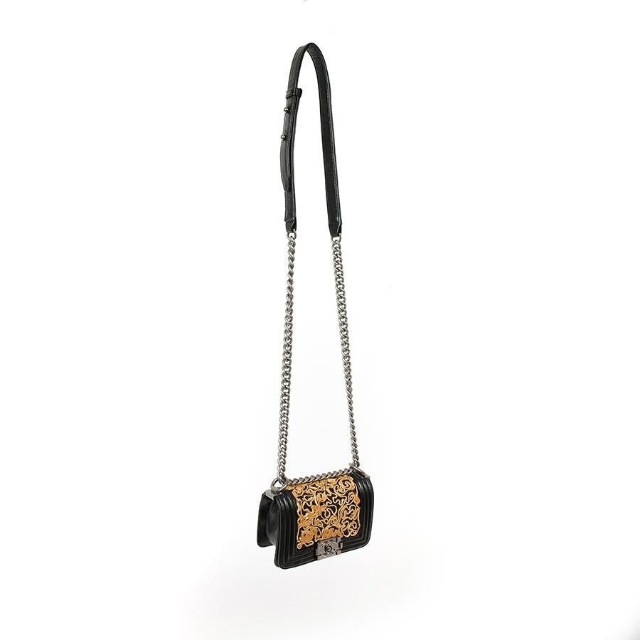 Women's CHANEL Mini Boy in Black Leather, Gold Lace and Black Pearls For Sale
